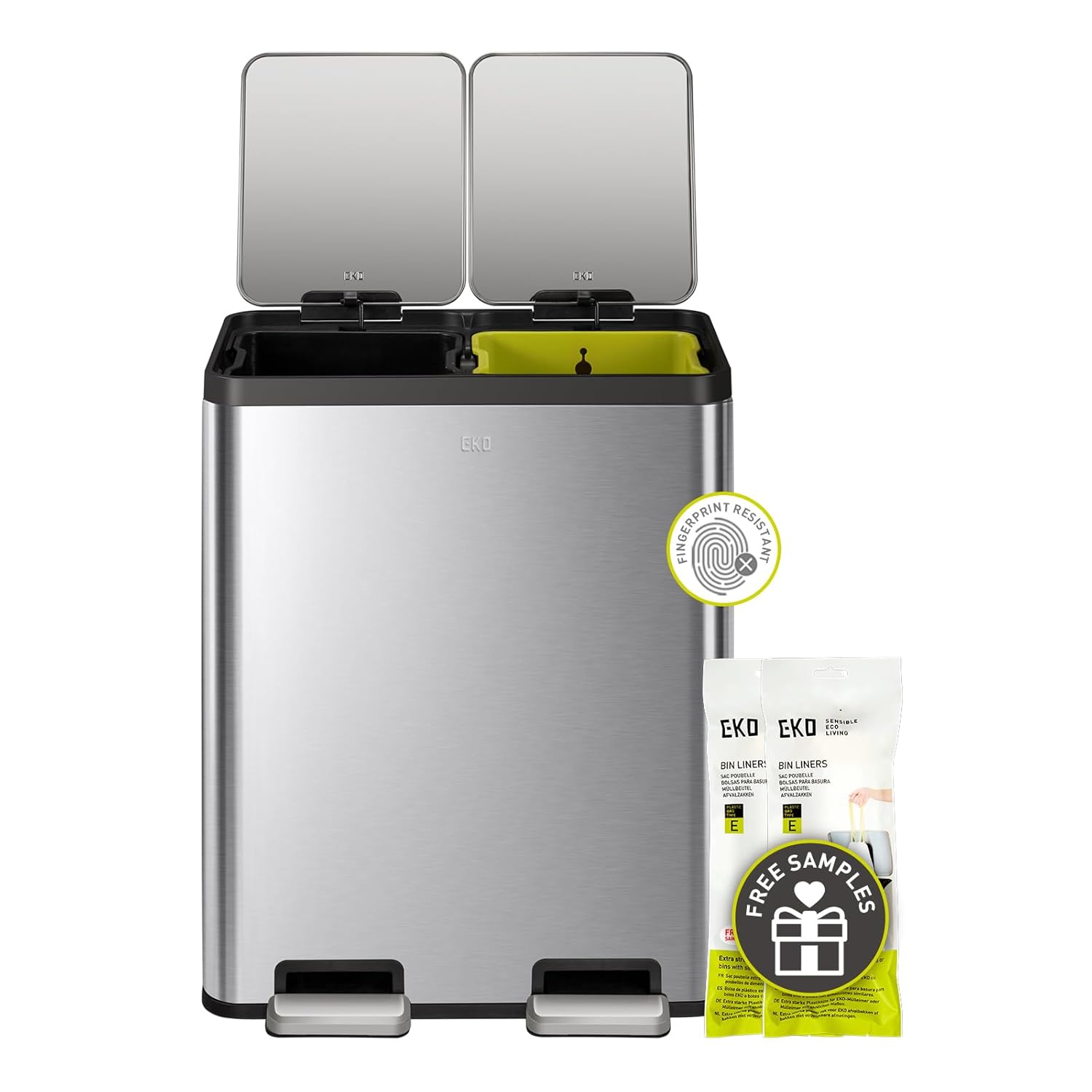 30L + 30L dual trash cans, with recycling bin, stainless steel independent footrest and lid, 2 8-gallon trash cans suitable for kitchen, slow-closing design, fingerprint-resistant treatment