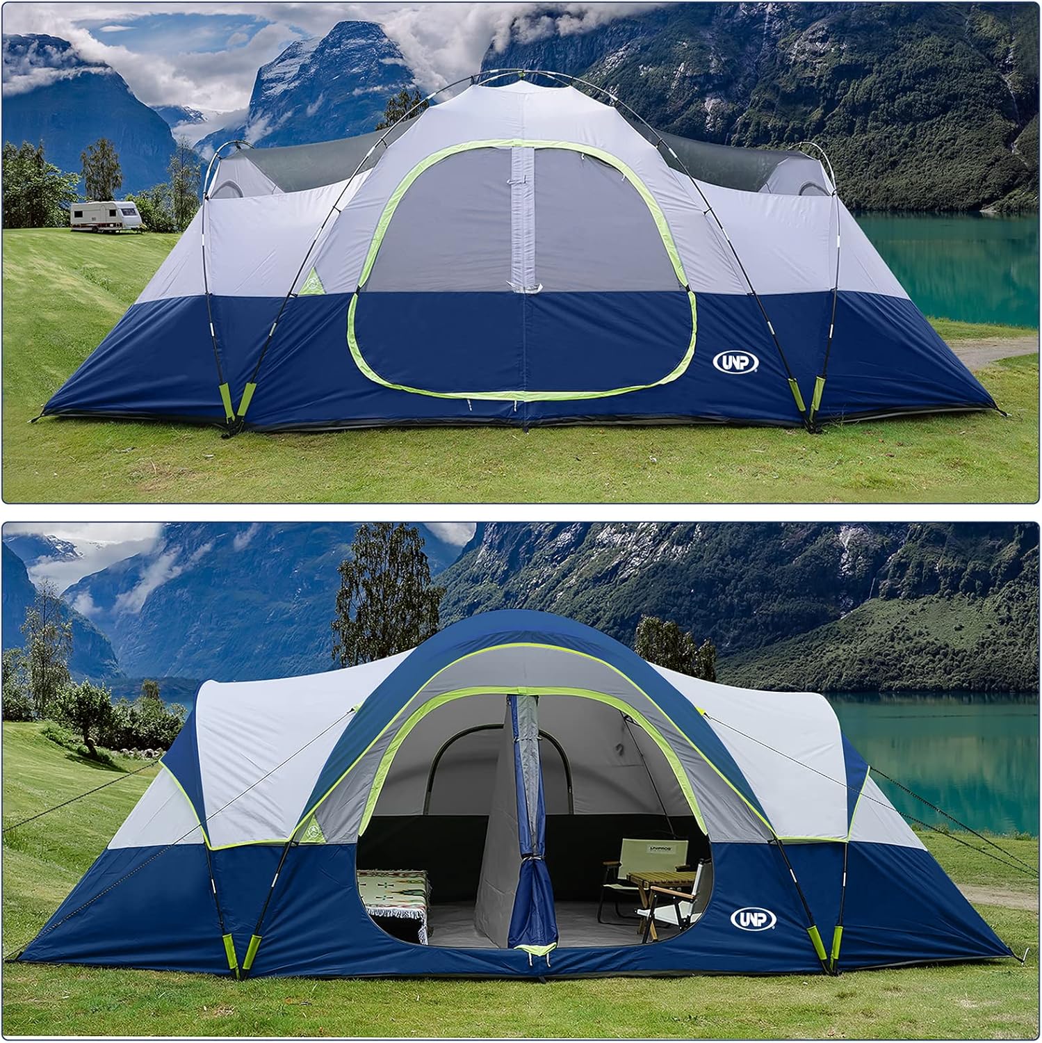 Camping Tent 10-Person-Family Tents, Parties, Music Festival Tent, Big, Easy Up, 5 Large Mesh Windows, Double Layer, 2 Room, Waterproof, Weather Resistant, 18ft x 9ft x78in