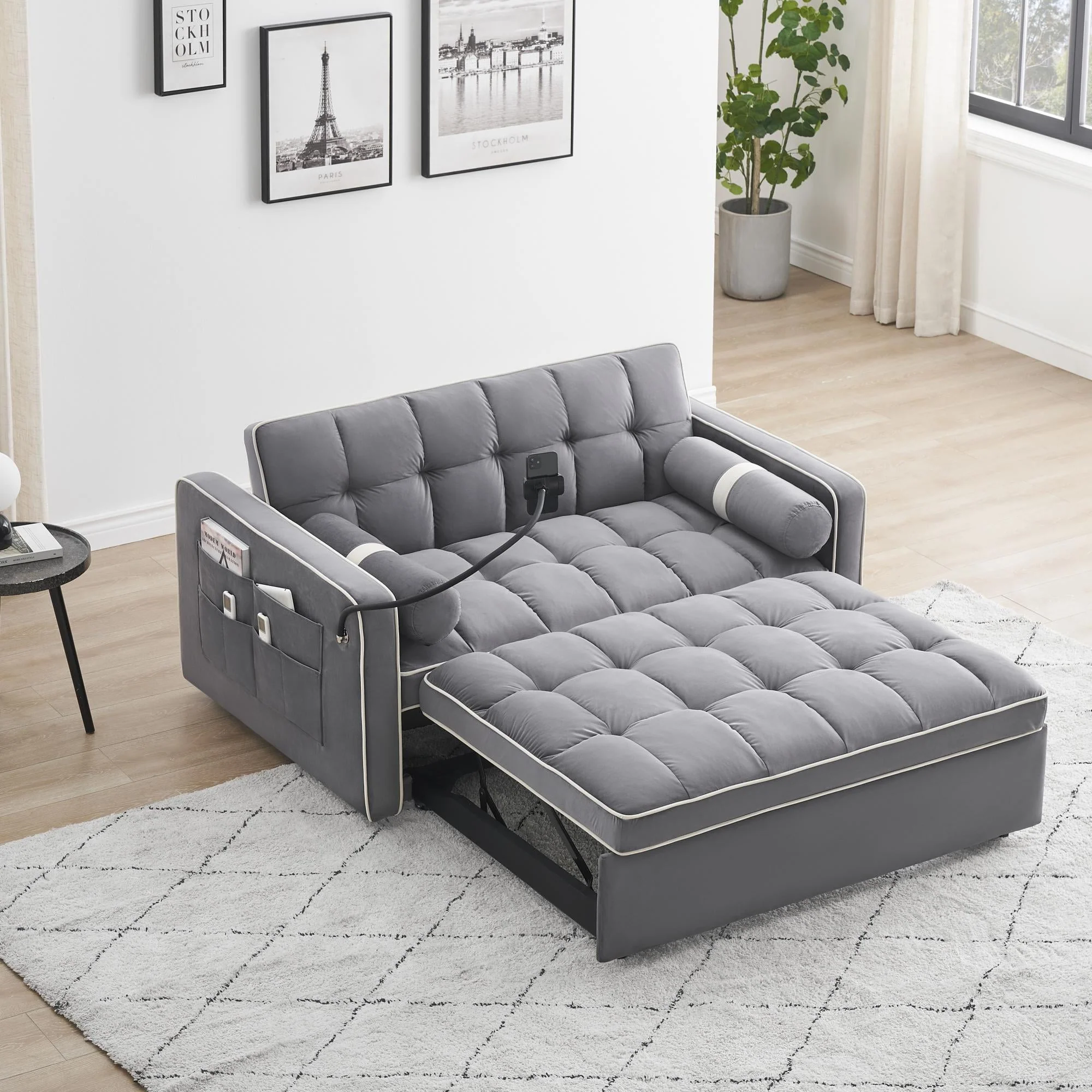 2025 3 in 1 Sleeper Sofa Couch Bed,Small Tufted Velvet Convertible Loveseat Futon Sofa w/Pullout Bed,Adjustable Backrest,Cylinder Pillows,Multi-Pockets,Phone Holder for Living Room Apartment,Grey,55.5