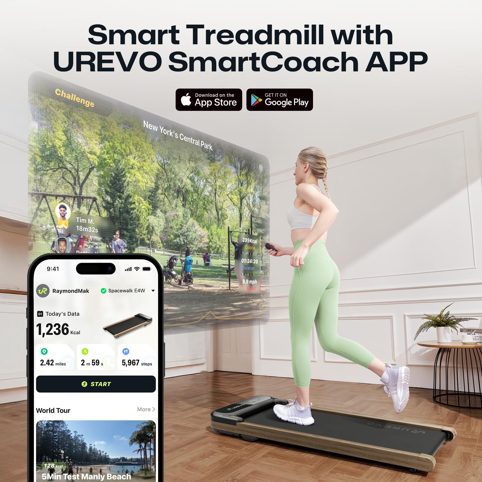 UREVO Smart Walking Pad, Compact Under Desk Treadmill
