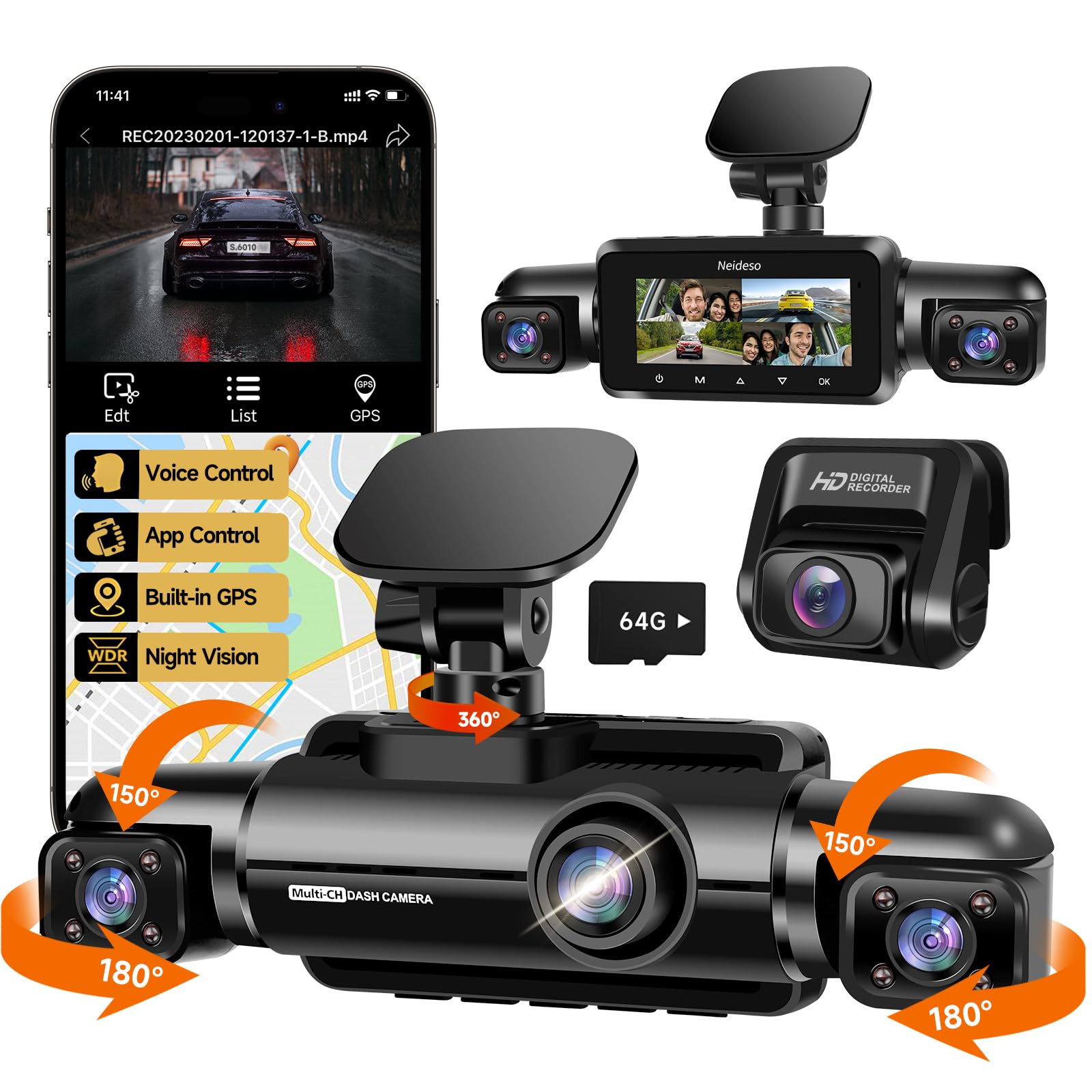 Neideso 360° Dash Cam Front and Rear Inside, 4 Channel FHD 4 * 1080P