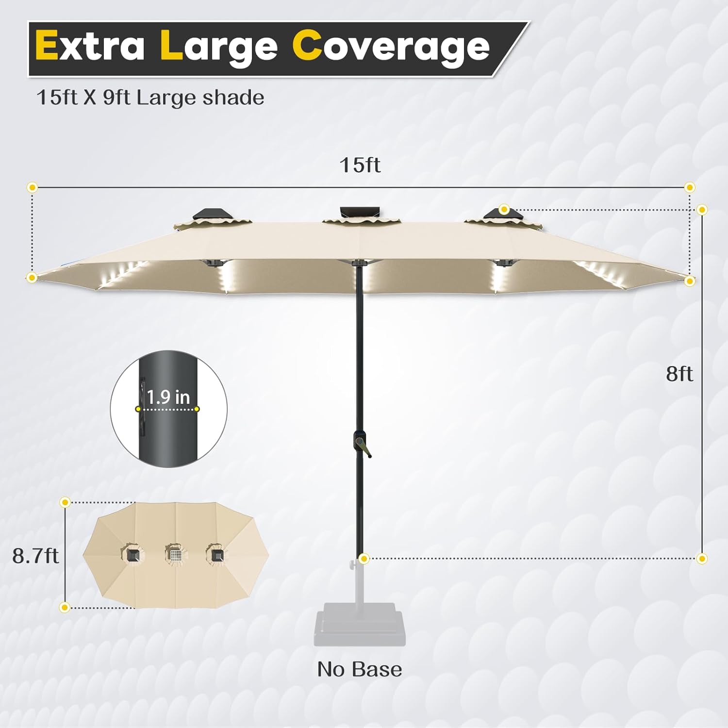 15ft Patio Umbrella with Solar Lights, Large Double Umbrella Outdoor, Rectangle 180''x106'' Umbrellas with 156 PCS LED Lights and Crank Handle for Backyard Deck Pool Shade in Black(1.9