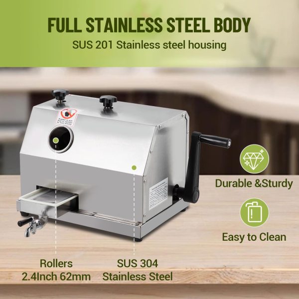 Manual Sugar Cane Juicer Machine, Sugar Cane Press with 3 Stainless Steel Drums and 2.4-inch Large Inlet, Sugarcane Juice Machine with 110LBS/H, Suitable for Home/Commercial Use