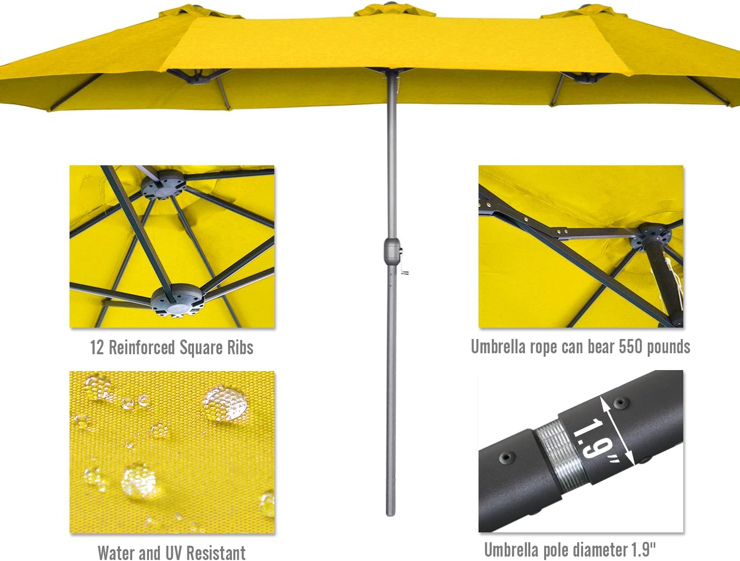 15ft Patio Umbrella with Solar Lights, Large Double Umbrella Outdoor, Rectangle 180''x106'' Umbrellas with 156 PCS LED Lights and Crank Handle for Backyard Deck Pool Shade in Black(1.9