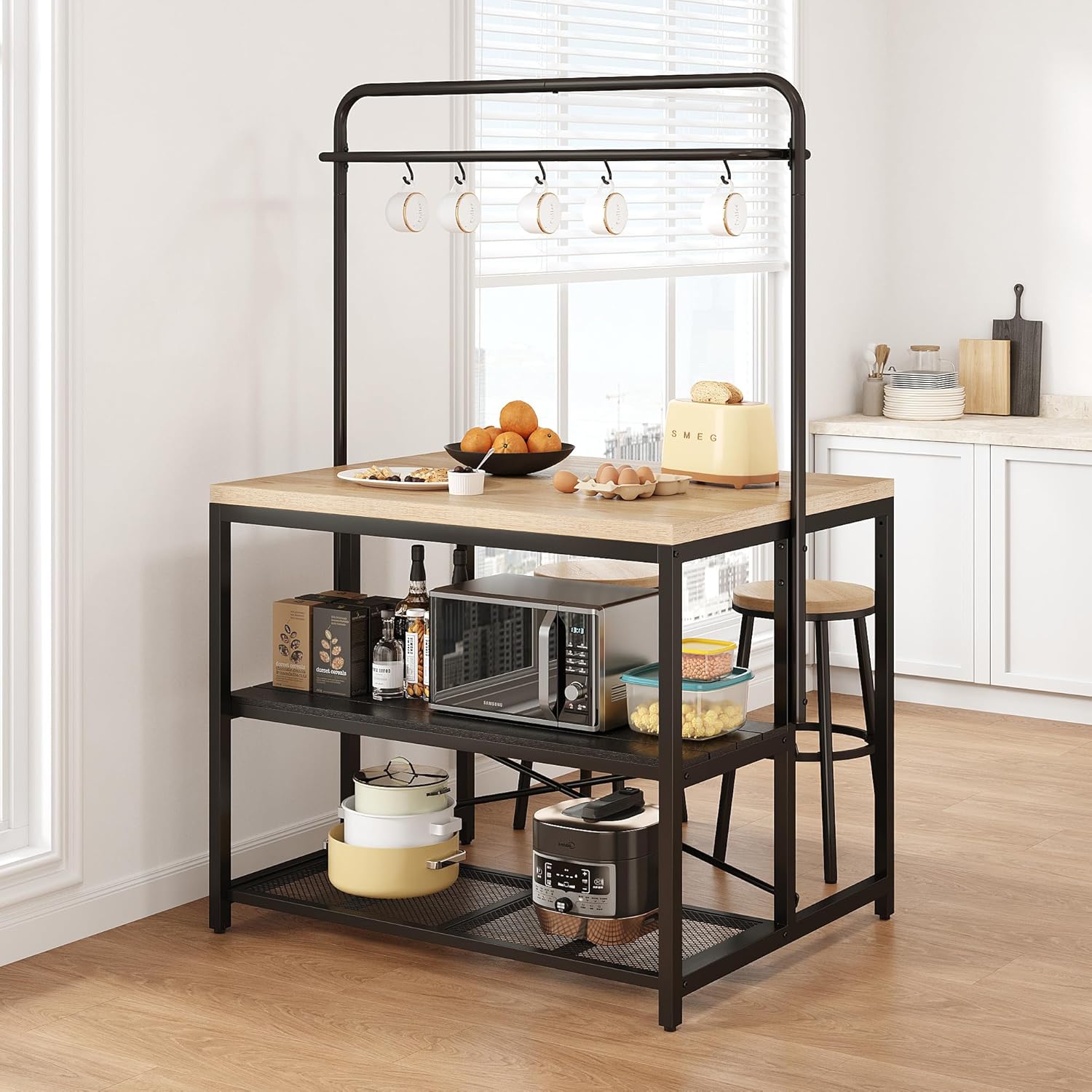 Kitchen Island, Kitchen Island with Storage, Bakers Rack, Island Table for Kitchen, Bakers Rack with Storage, Large Kitchen Island Table, Coffee Bar Table with Shelf,5 Racks,Pear Wood White