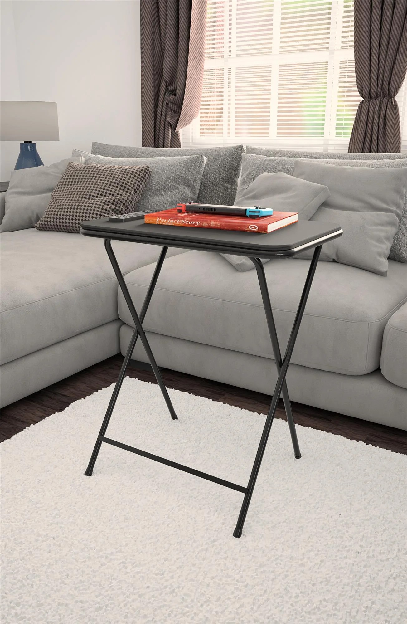 COSCO 5-Piece Folding Vinyl Top TV Tray Set with Storage Rack, Black