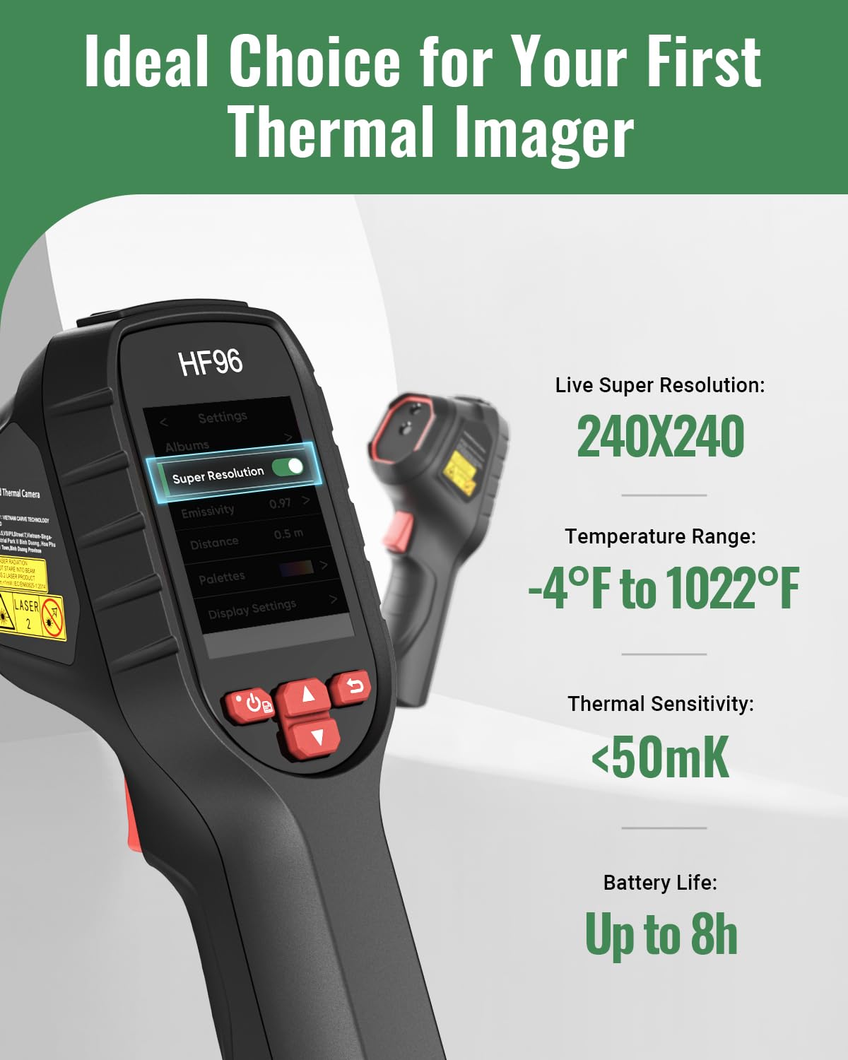 Thermal Camera, Super Resolution 240 x 240, Thermal Imaging Camera with Laser Pointer, 96 x 96 IR Resolution, 25 HZ Infrared Camera,-4°F to 1022°F, 50°FOV, 8h Battery Life Thermal Imager