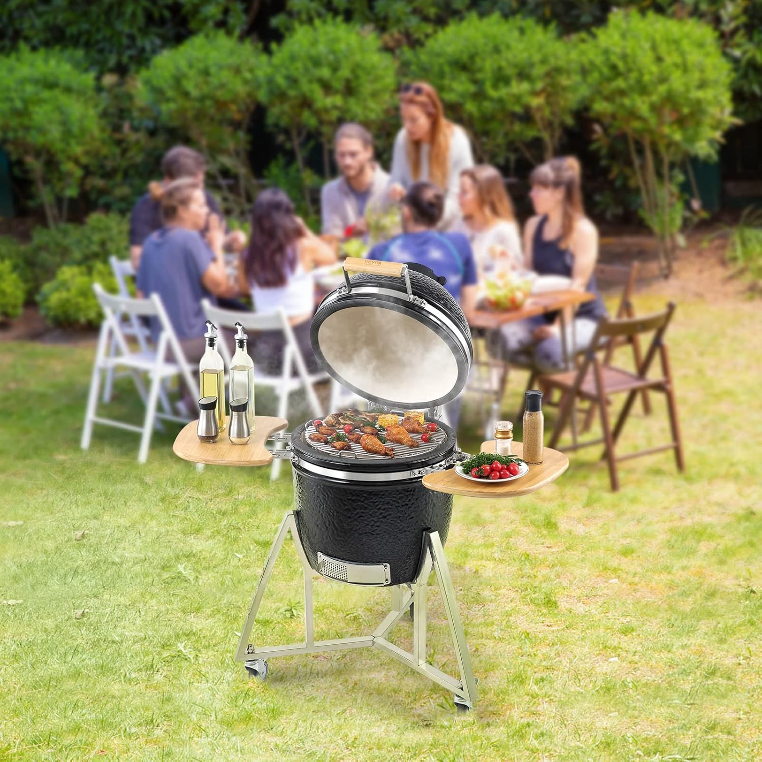 18-inch portable charcoal grill with lid and cart, propane gas grill with sturdy stainless steel frame, outdoor cooking small smoker, suitable for camping, picnics and backyard barbecues, black version