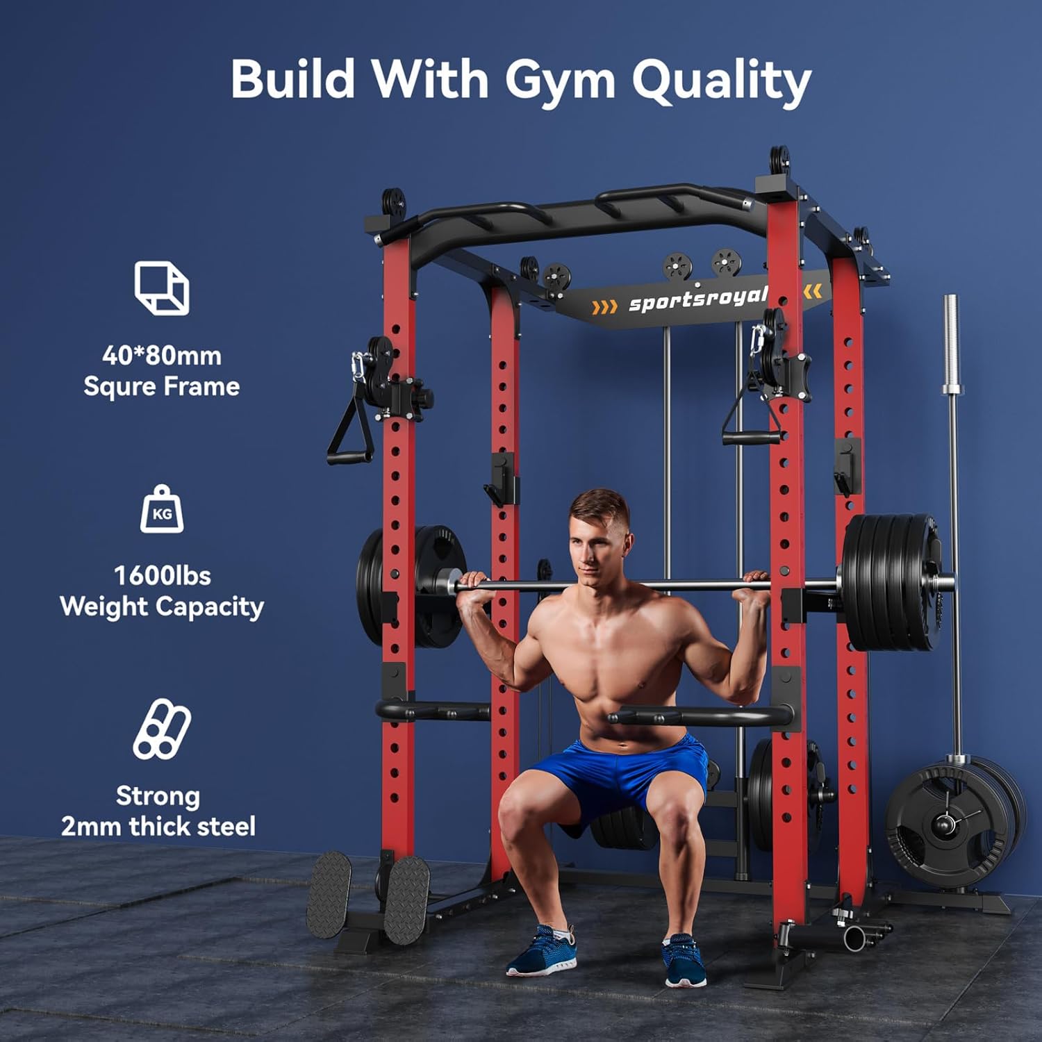 Sportsroyals Power Cage,1600lbs Multi-Function Power Rack with Adjustable Cable Crossover System and More Training Attachment, Weight Cage for Home Gym