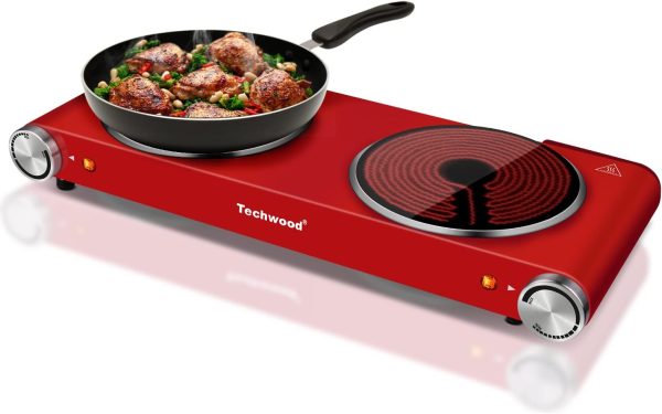 1800W Electric Dual Hot Plate, Countertop Stove Double Burner for Cooking, Infrared Ceramic Hot Plates Double Cooktop, Red, Brushed Stainless Steel Easy To Clean Upgraded Version, Red