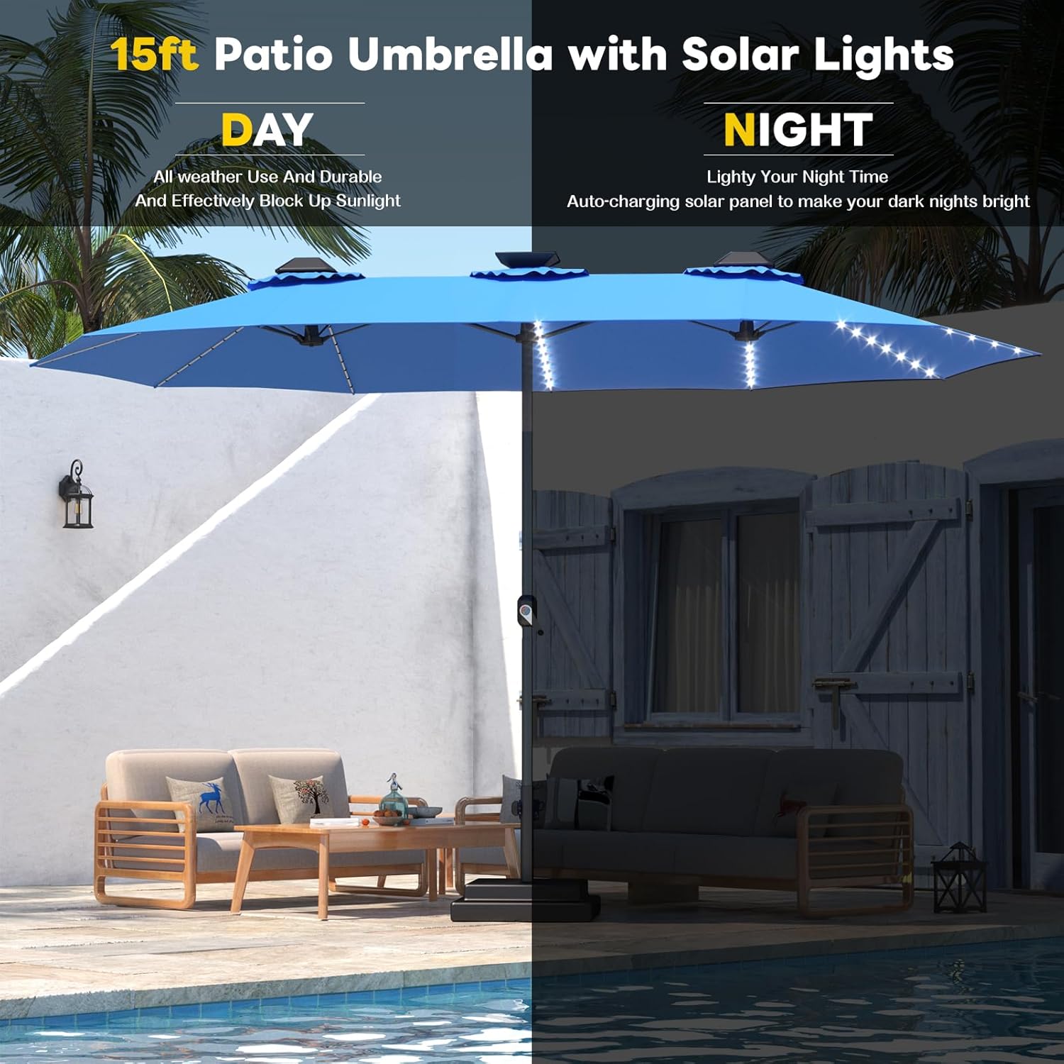 15ft Patio Umbrella with Solar Lights, Large Double Umbrella Outdoor, Rectangle 180''x106'' Umbrellas with 156 PCS LED Lights and Crank Handle for Backyard Deck Pool Shade in Black(1.9