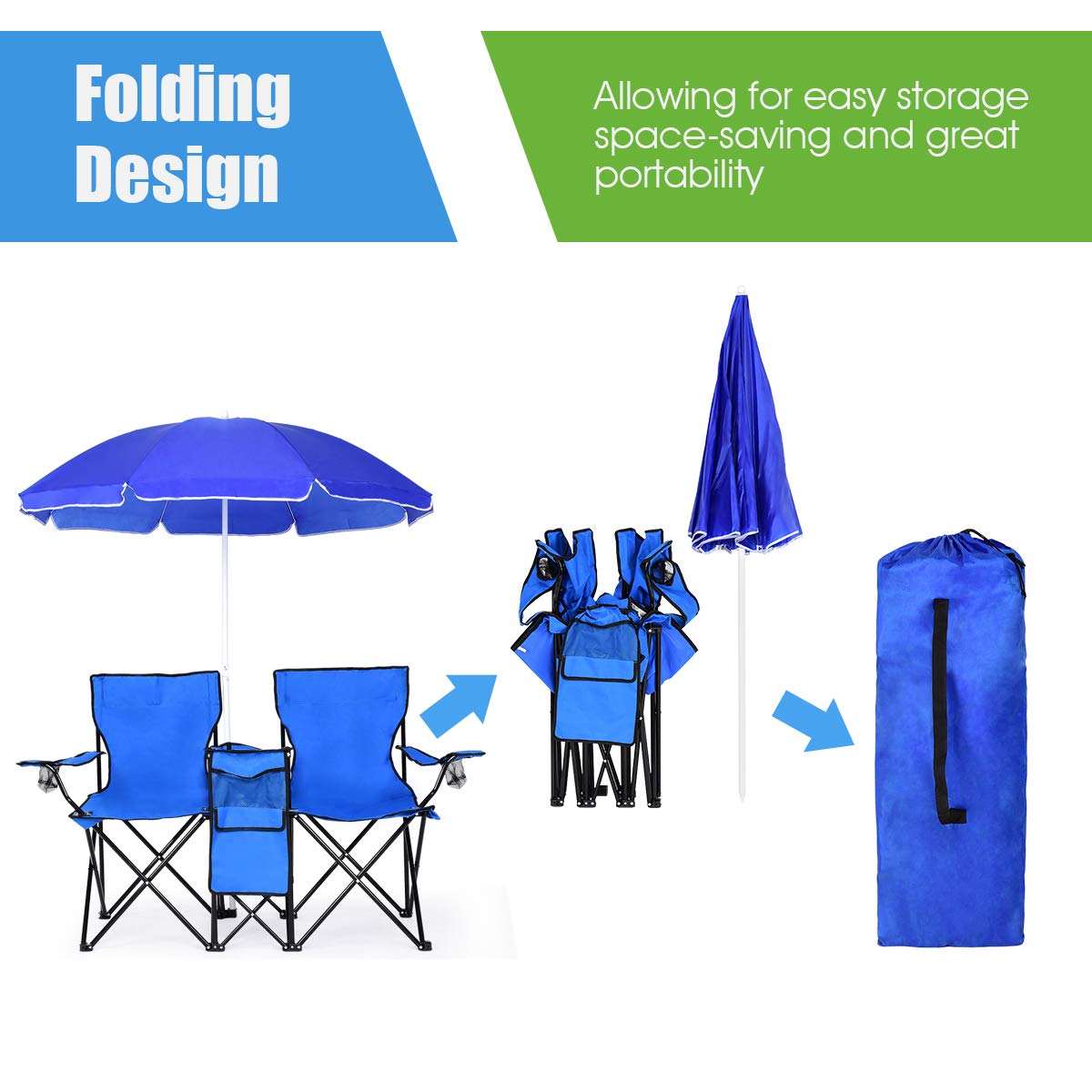 2025 Double Folding Picnic Chairs Umbrella Mini Table Beverage Holder Carrying Bag