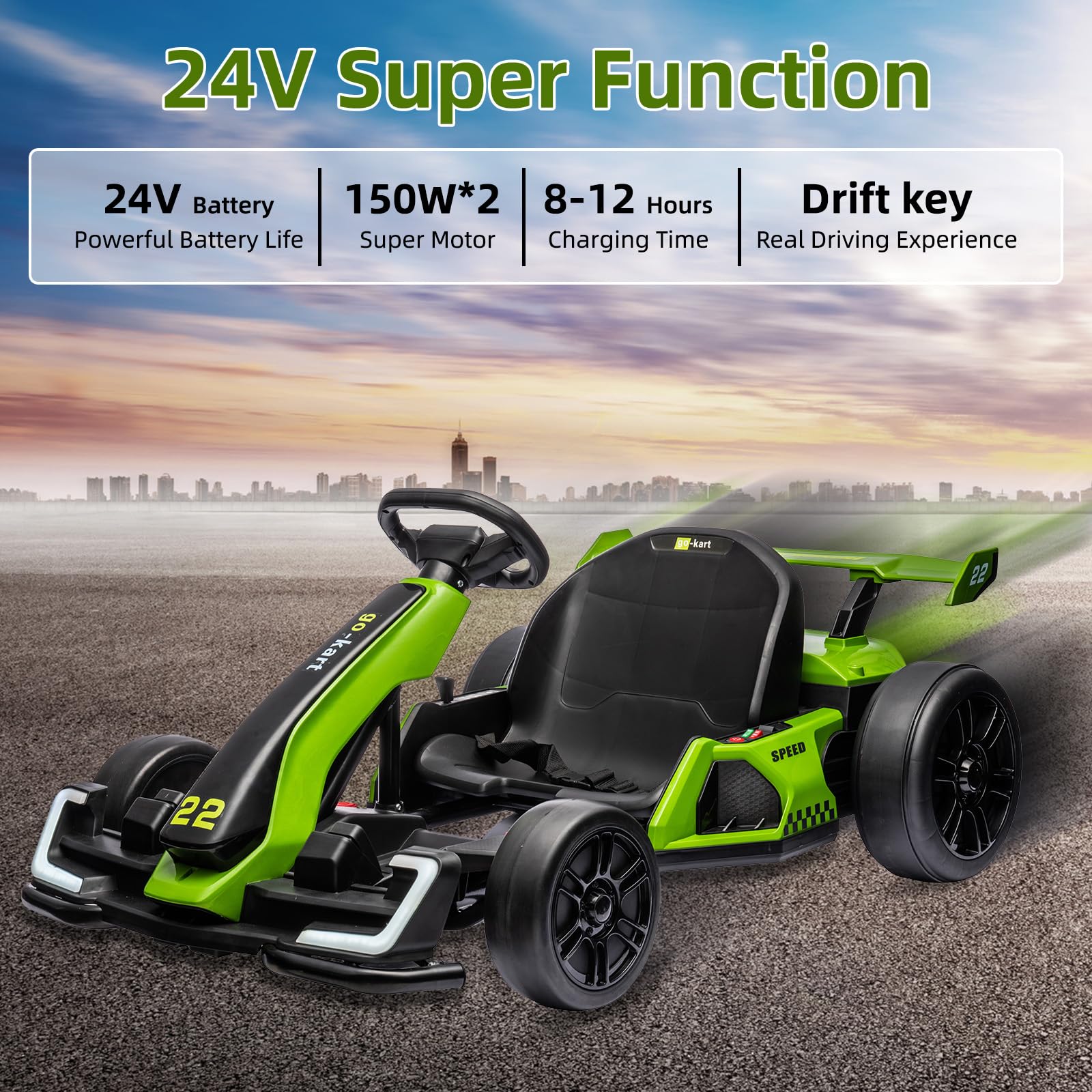 24V Electric Go Kart, with 300W Strong Motor, Drift/Sport Mode, Big Battery, Eva Tire,Length Adjustmen for Outdoor Racing Toy-Green
