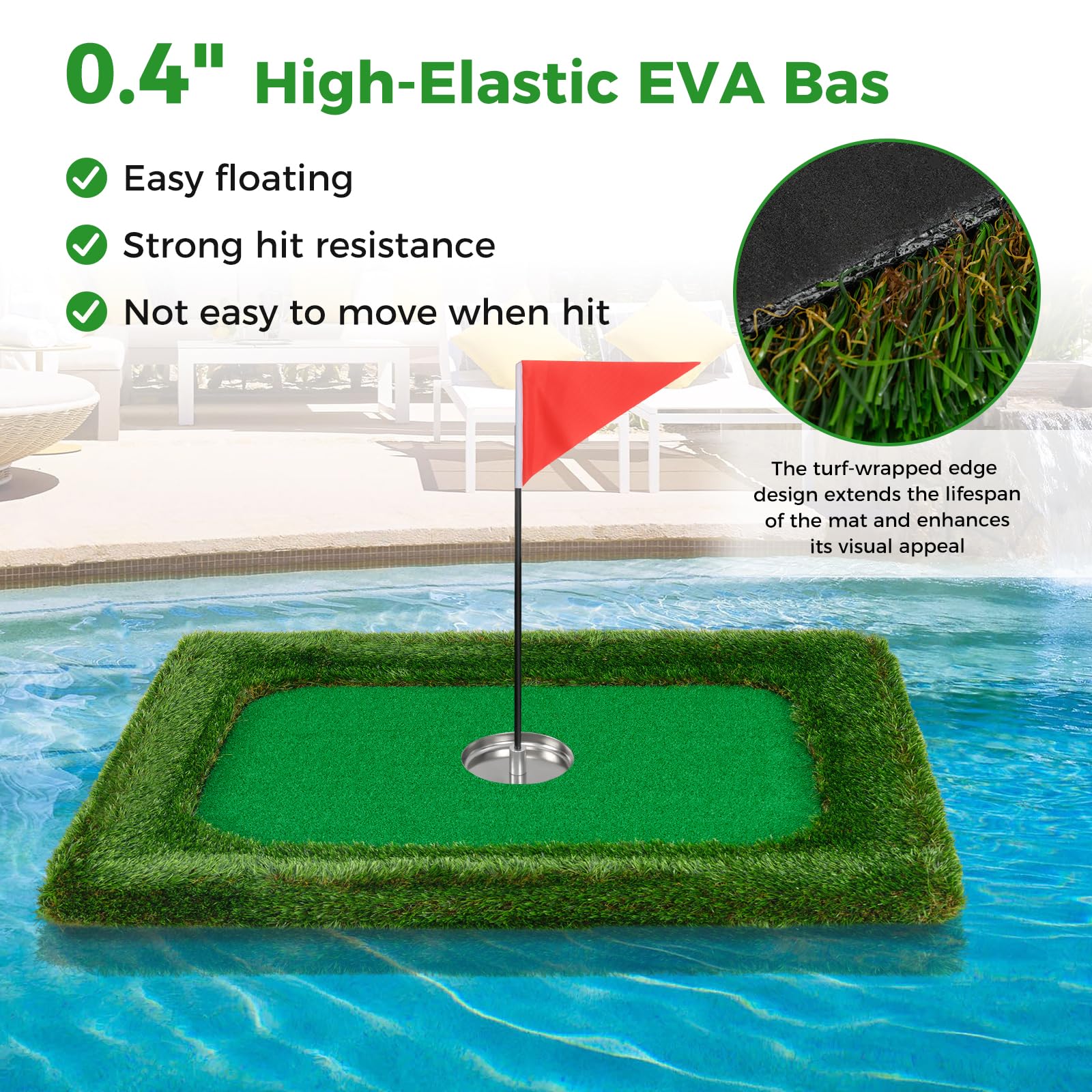 Floating Golf Green for Pool, Chipping Green Mat w/Hitting Mat, Golf Balls, Rectangle, 37.5