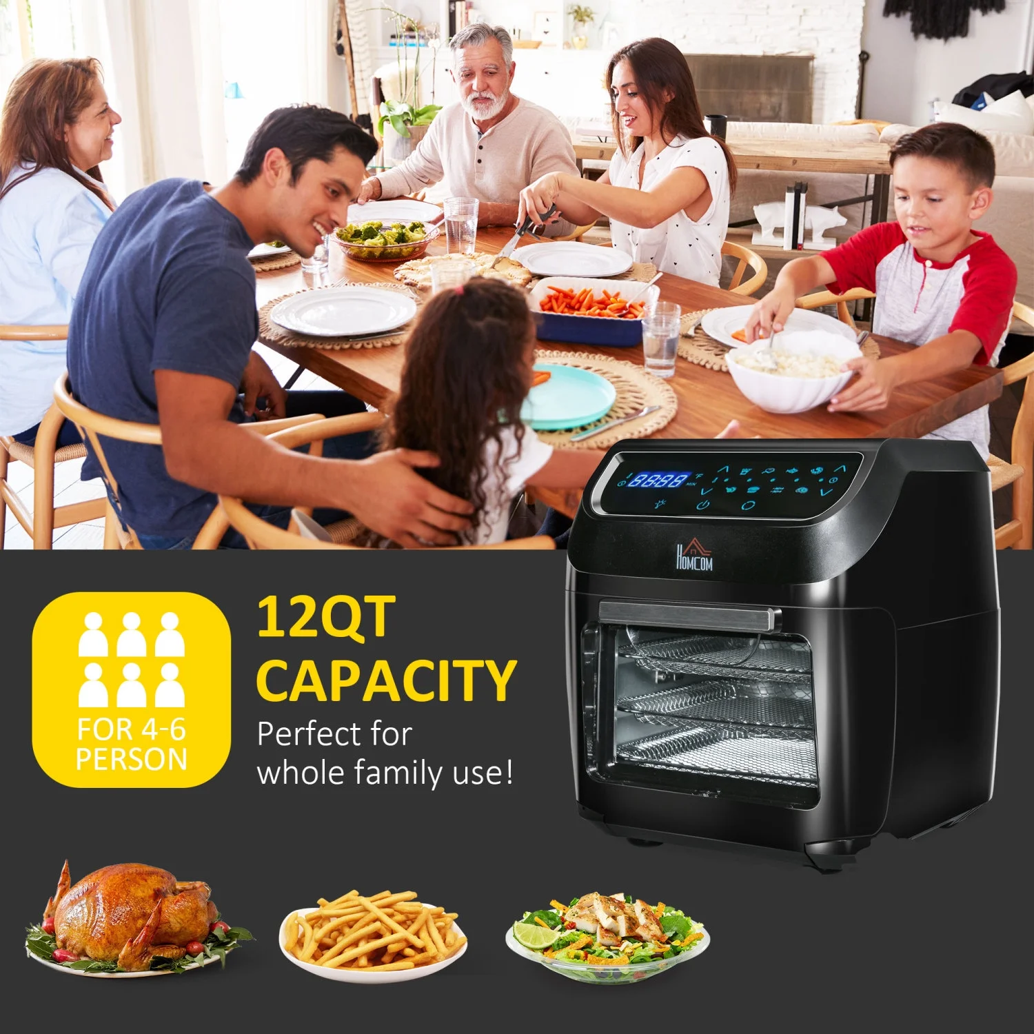 2025 12QT Air Fryer Oven Combo, 8-in-1, 1700W, LED Display, Black, Includes Accessories