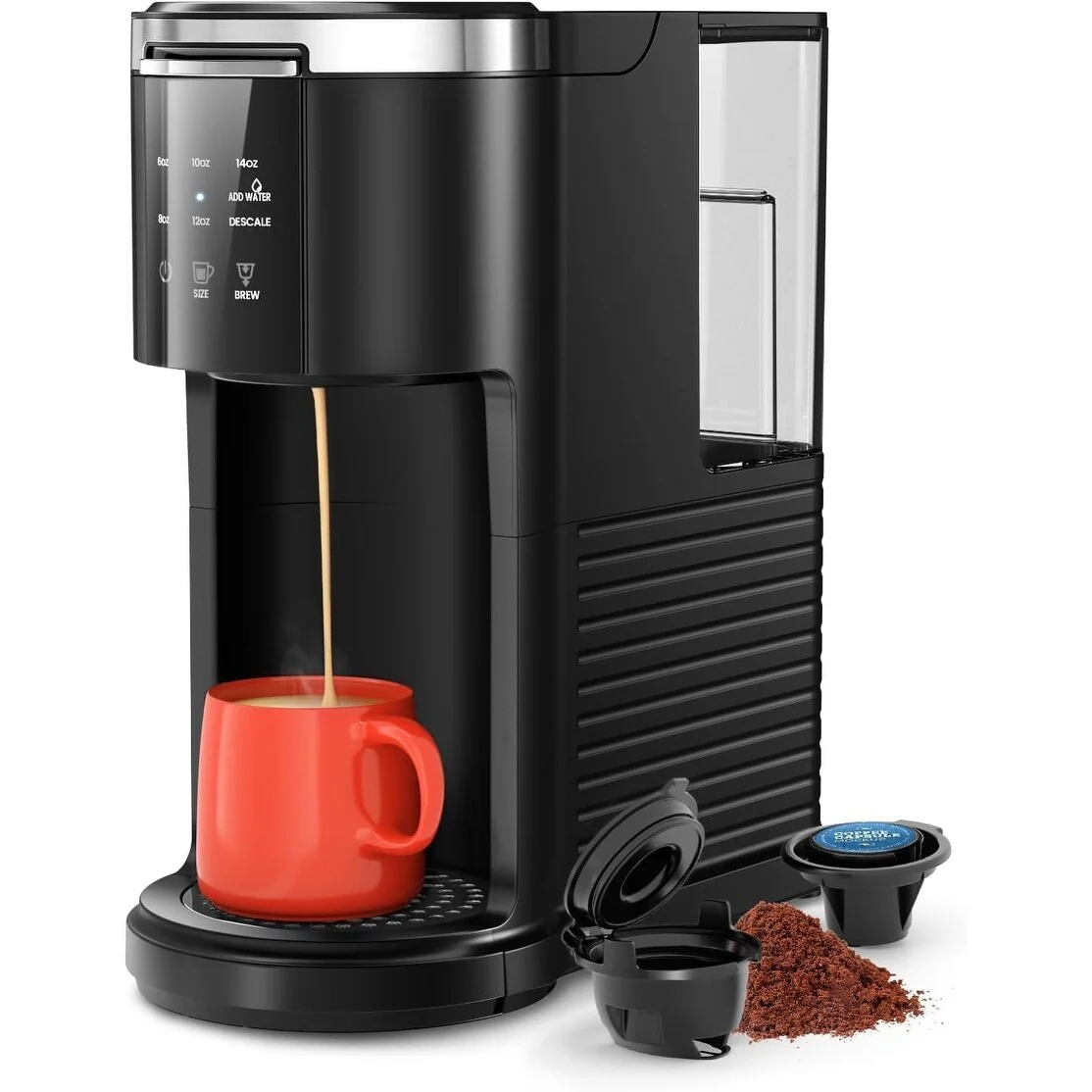 Single Serve Coffee Maker for K-Cups Pods & Ground Coffee, with 40 oz Water Tank, 5 Brew Sizes Up To 14 Oz, Self-cleaning