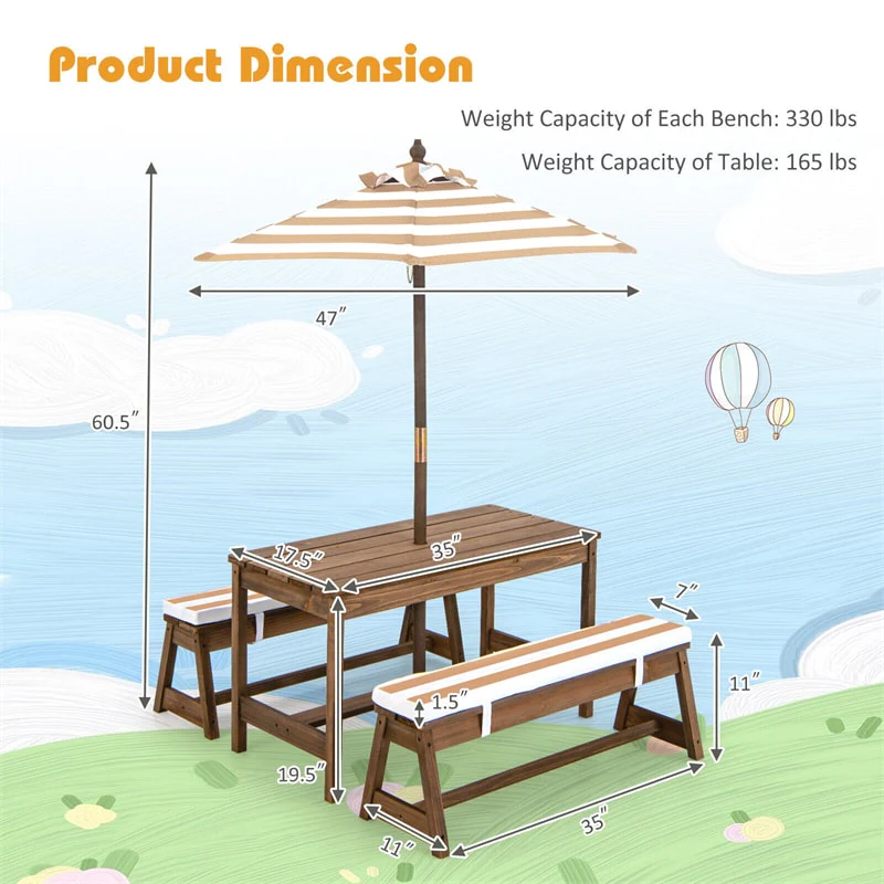 2025 Wooden Kids Picnic Table Bench Set Children Outdoor Activity Table with Cushions & Height Adjustable Umbrella