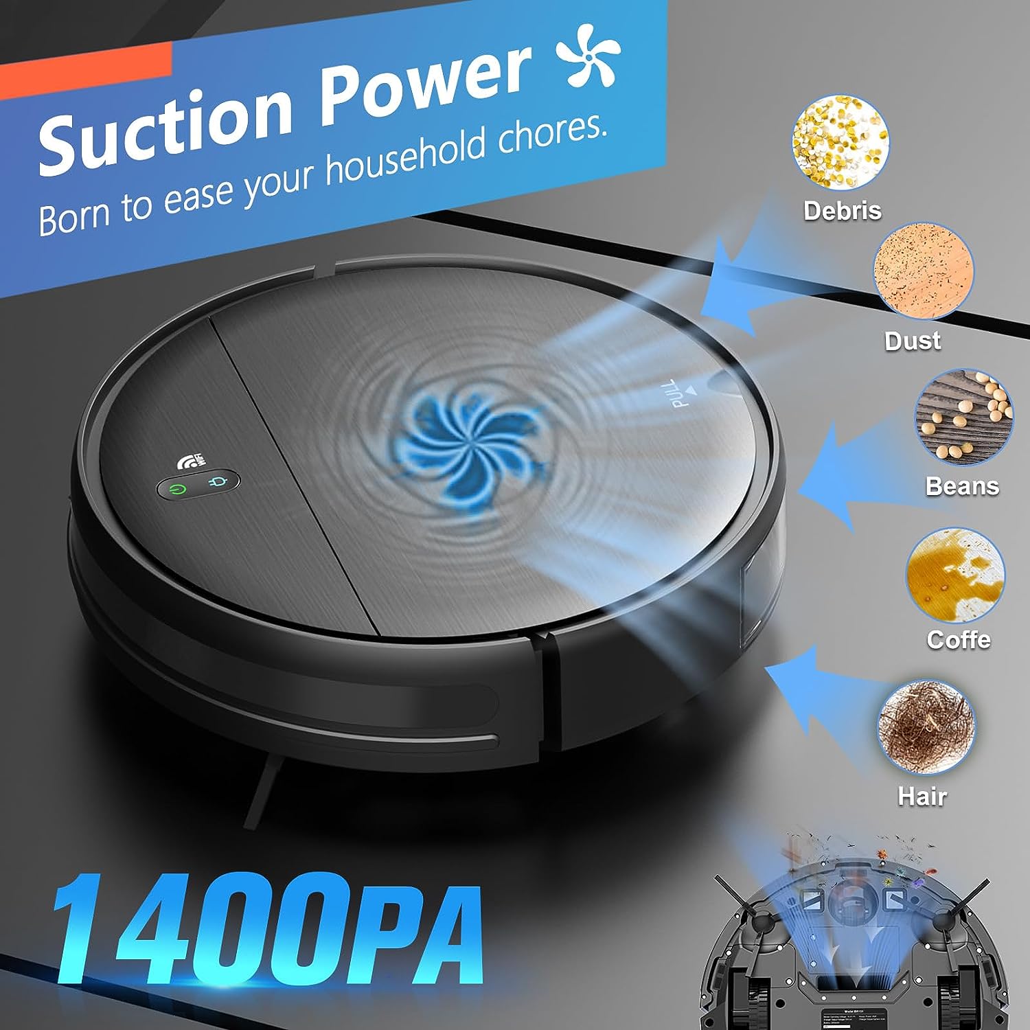 Robot vacuum and mop combo, robot vacuum with schedule, 2-in-1 robot vacuum with water tank and dustbin, self-charging, slim, perfect for hard floors, pet hair, carpets