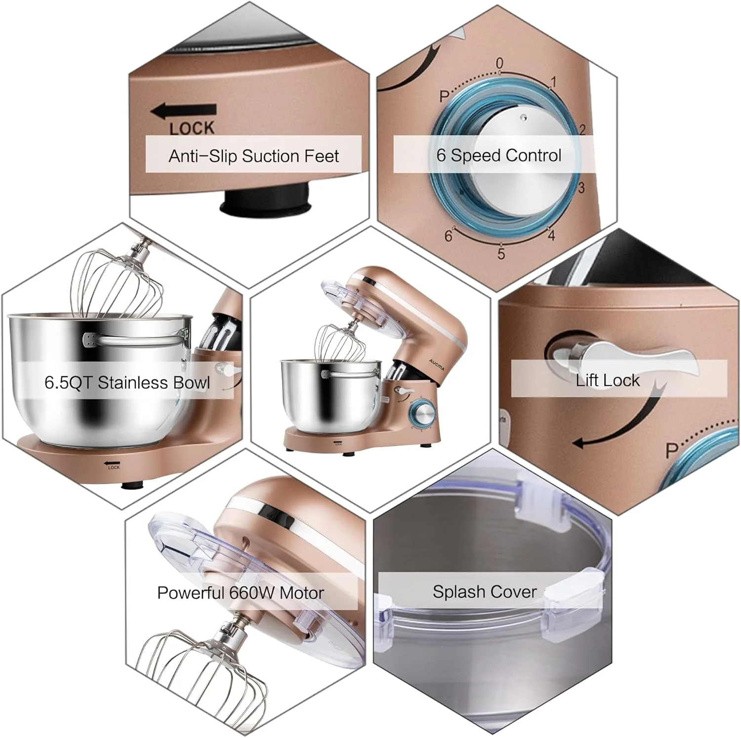 Aucma Stand Mixer,6.5-QT 660W 6-Speed Tilt-Head Food Mixer, Kitchen Electric Mixer with Dough Hook