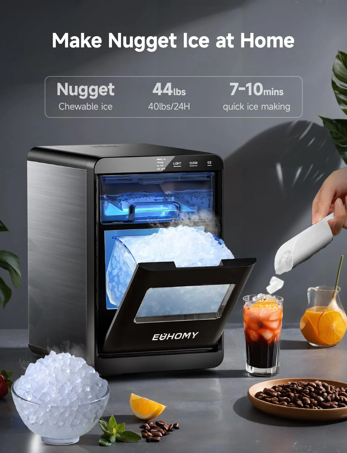 Nugget Ice Maker Countertop 44Lbs/24H Pebble Ice Maker Machine