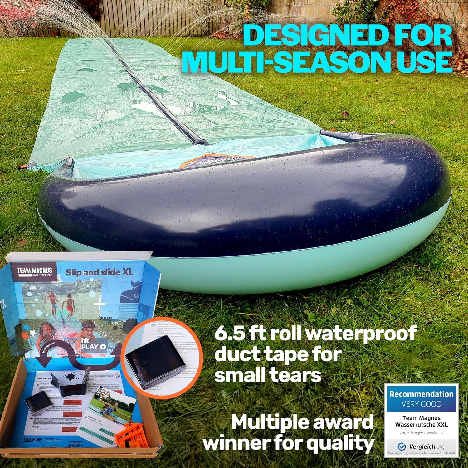 TEAM MAGNUS 31ft Slip n Slide with 500CL Inflatable Crash pad. Slip and Slide for Kids Ages 8-12 in Heavier, 0.22mm PVC with Adjustable sprinklers (372