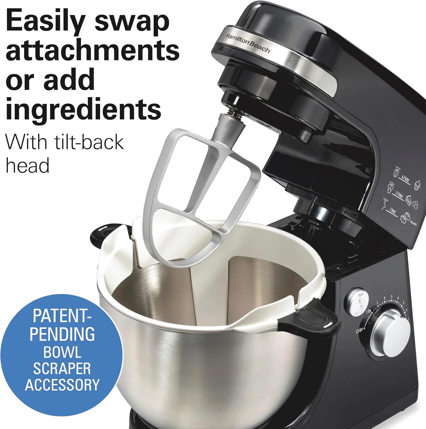 Hamilton Beach Electric Stand Mixer, 4 Quarts, Dough Hook, Flat Beater Attachments, Splash Guard 7 Speeds with Whisk, Black