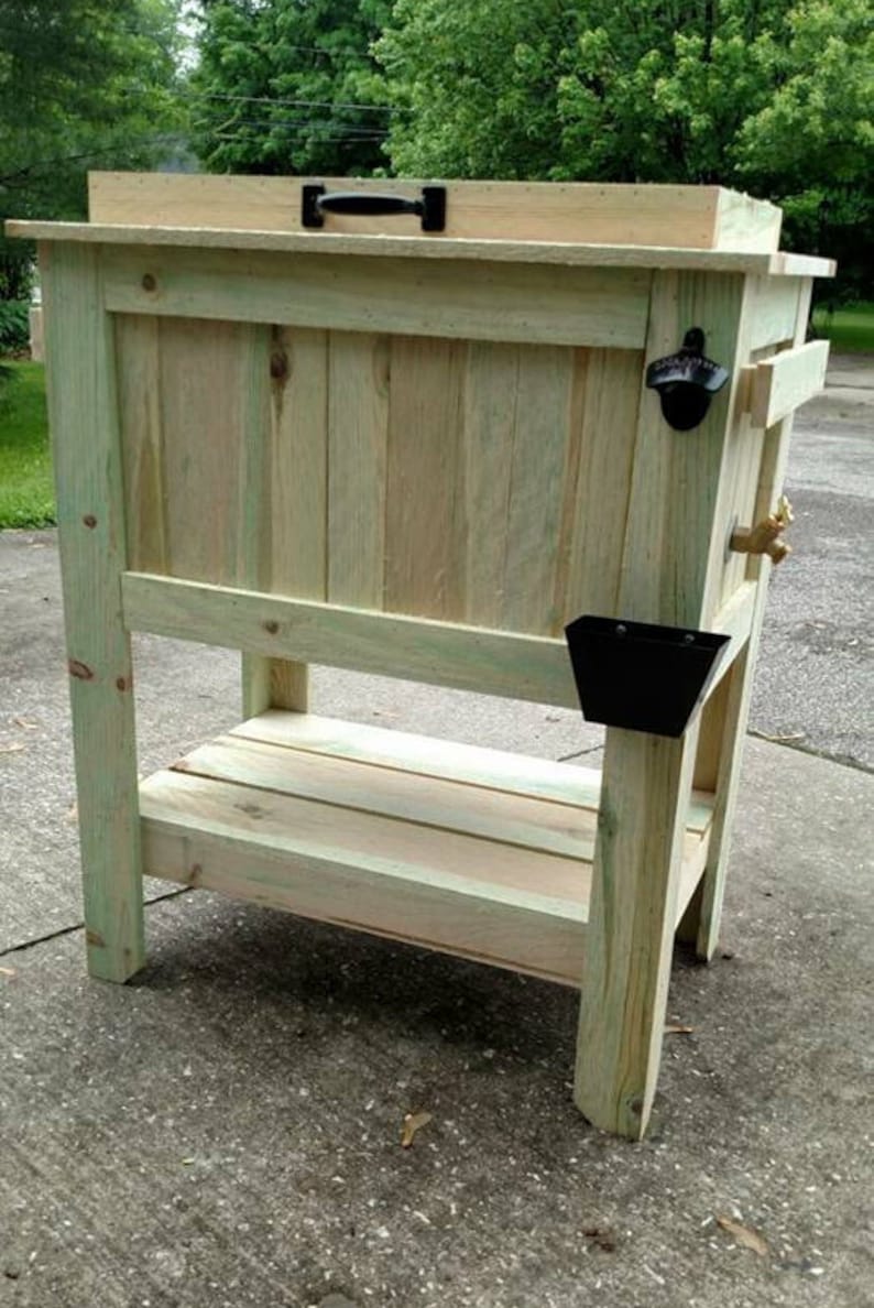 2025 All Weather 48 Quart Antiqued Cedar Cooler Stand with Brass Drain, Bottle Opener and Cap Catcher, Beer Cooler.