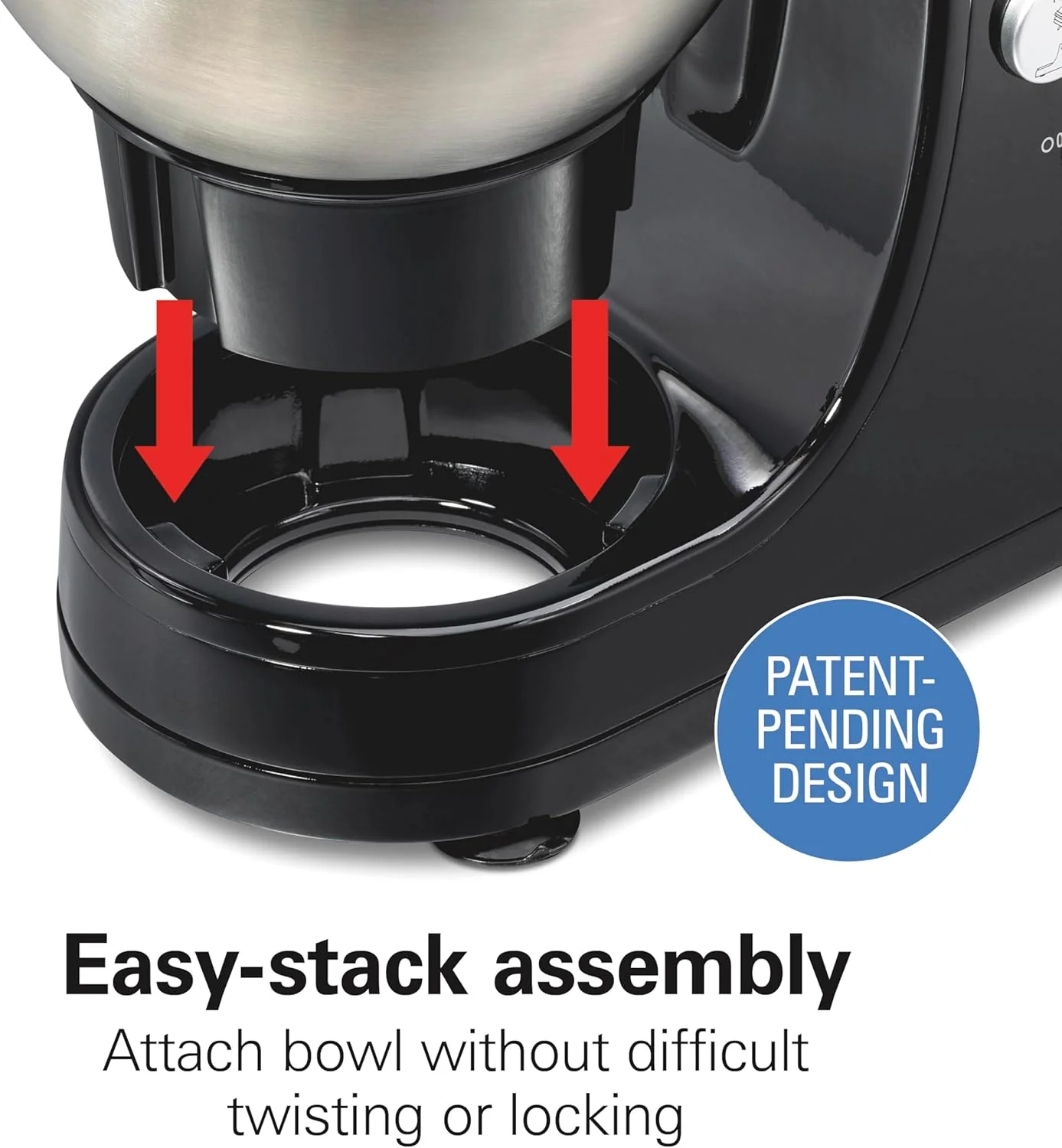 Hamilton Beach Electric Stand Mixer, 4 Quarts, Dough Hook, Flat Beater Attachments, Splash Guard 7 Speeds with Whisk, Black