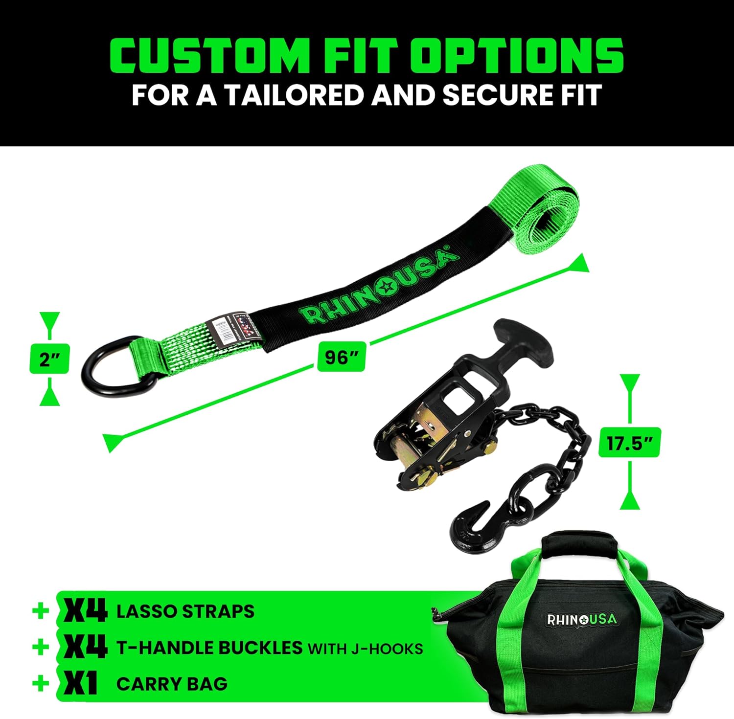 Car Tie Down Straps for Trailers with Flat Hooks (4-Pack) - 2 Inch x 8 Feet (10,000lb Break Strength) - Heavy Duty T-Handle Car Lasso Tire Straps for Trailer & UTV - Black