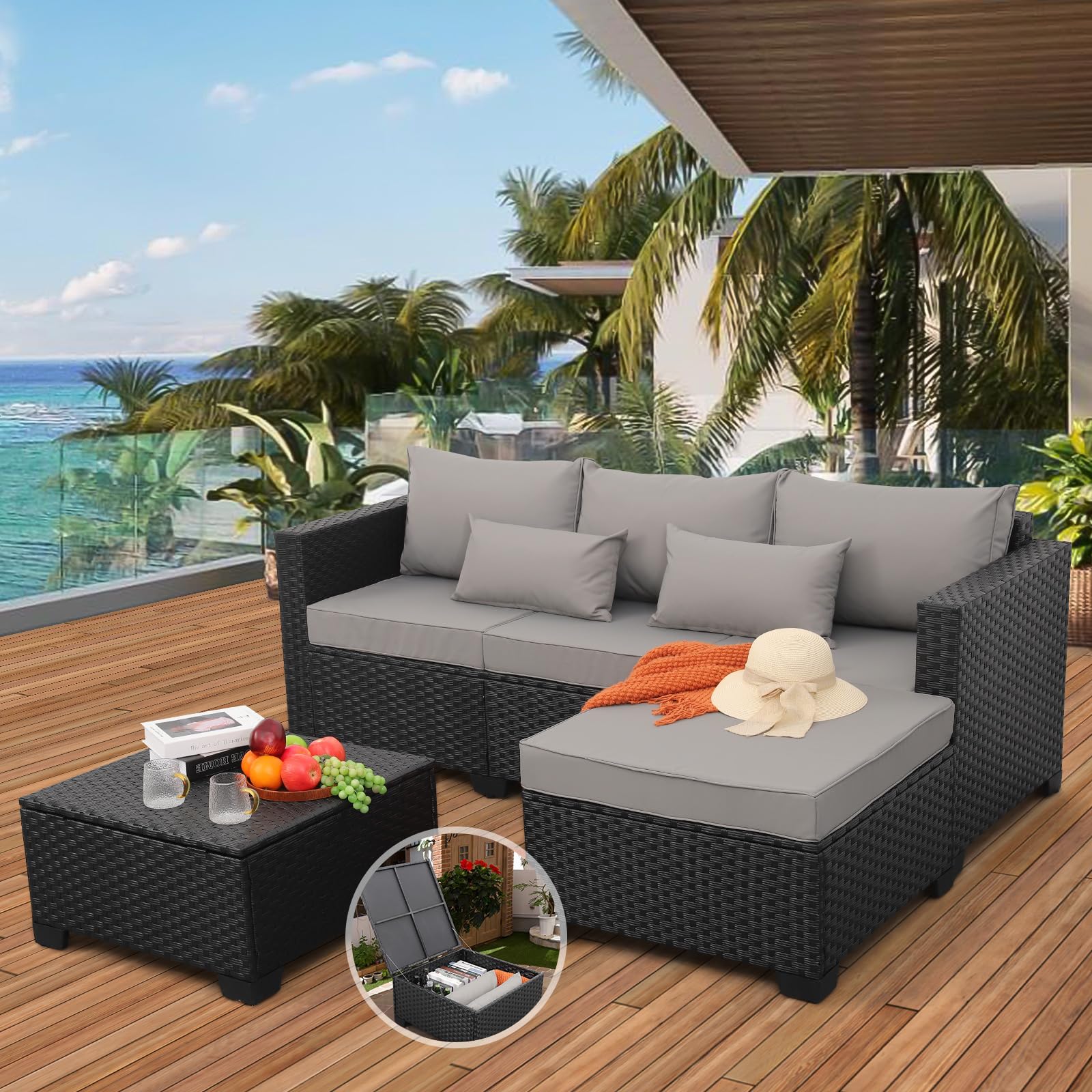 3 Pieces Patio Furniture Set with Ottoman and Outdoor Storage Table