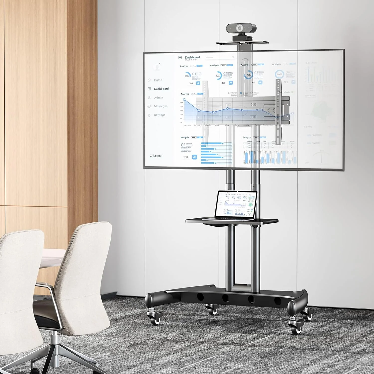 Rolling/Mobile TV Cart with Wheels for 32-82 Inch LCD LED 4K Flat Screen TVs - TV Floor Stand with Shelf Holds Up to 100 lbs, Height Adjustable Trolley Max VESA 600x400mm- PSTVMC05