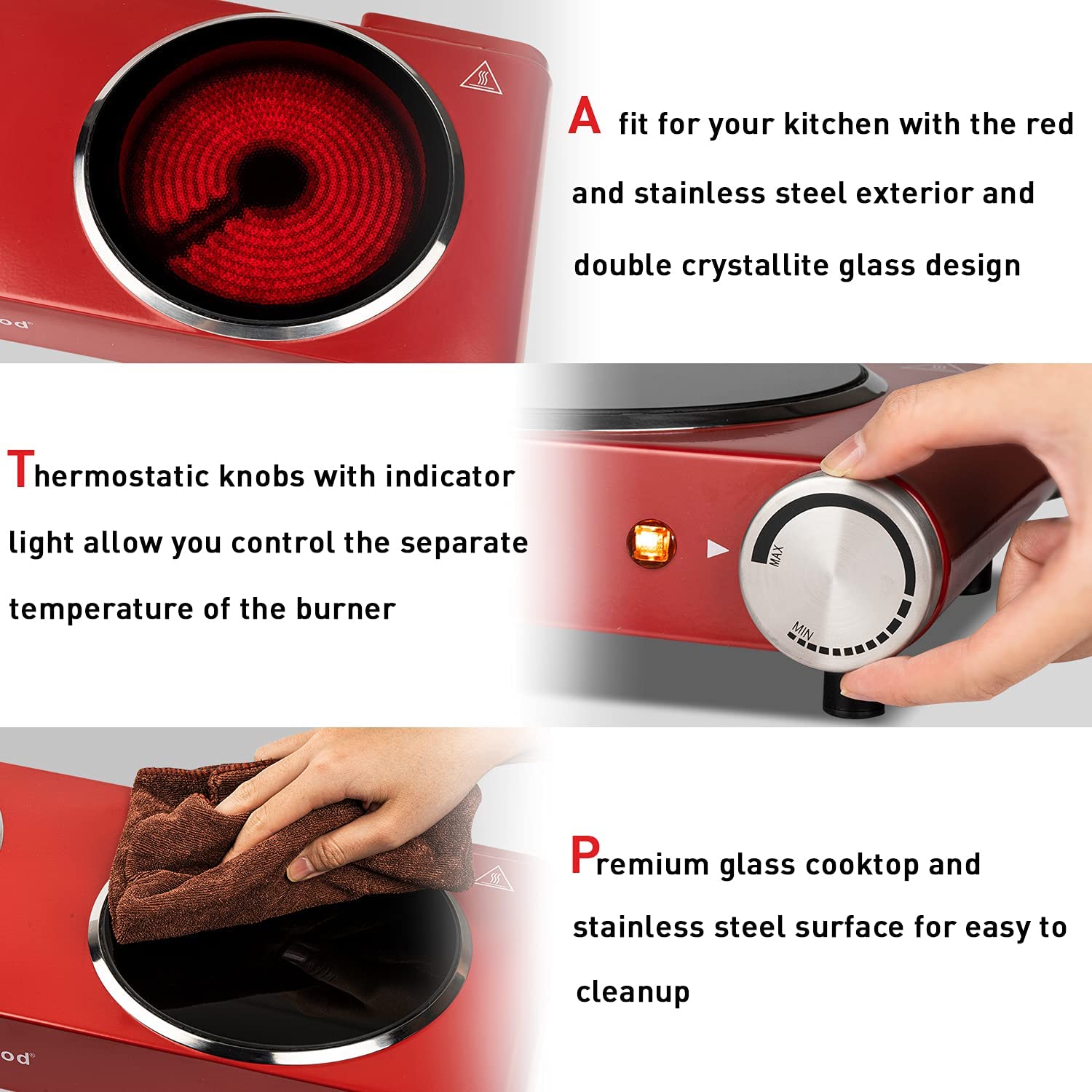 1800W Electric Dual Hot Plate, Countertop Stove Double Burner for Cooking, Infrared Ceramic Hot Plates Double Cooktop, Red, Brushed Stainless Steel Easy To Clean Upgraded Version, Red