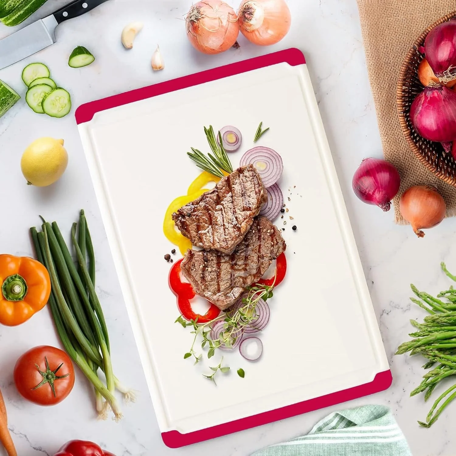 Plastic Cutting Boards - Large 18 x 12 Inch Rubber Cutting Board with Juice Grooves, Non-Slip, Dishwasher Safe Cutting Boards