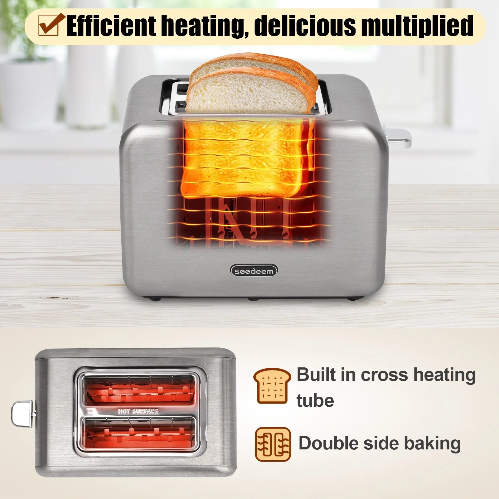 SEEDEEM Toaster 2 Slice, Stainless Steel Toaster with LCD Display
