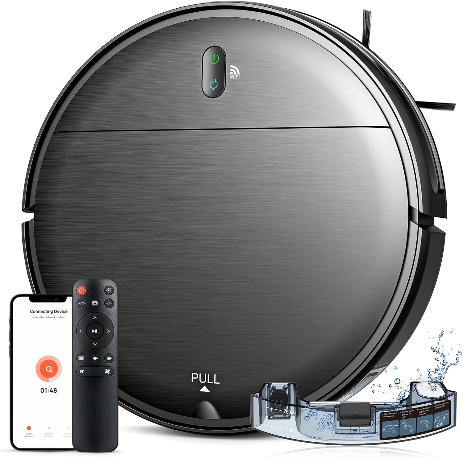 Robot vacuum and mop combo, robot vacuum with schedule, 2-in-1 robot vacuum with water tank and dustbin, self-charging, slim, perfect for hard floors, pet hair, carpets