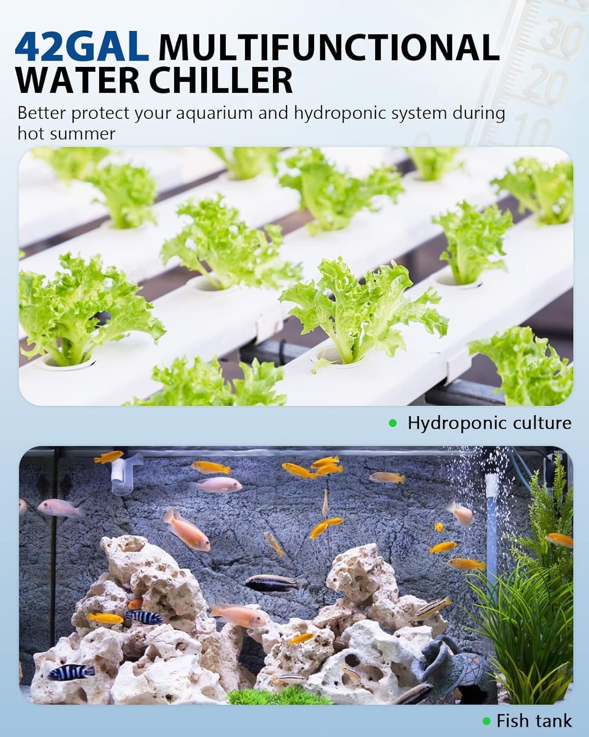 2025 Aquarium Chiller 42gal 1/10 HP Water Cooler Fish Tank Chiller Special Quiet Design Refrigeration Compressor for hydroponics Water weeds Jellyfish Coral Crystal Shrimp (42gal/160L)