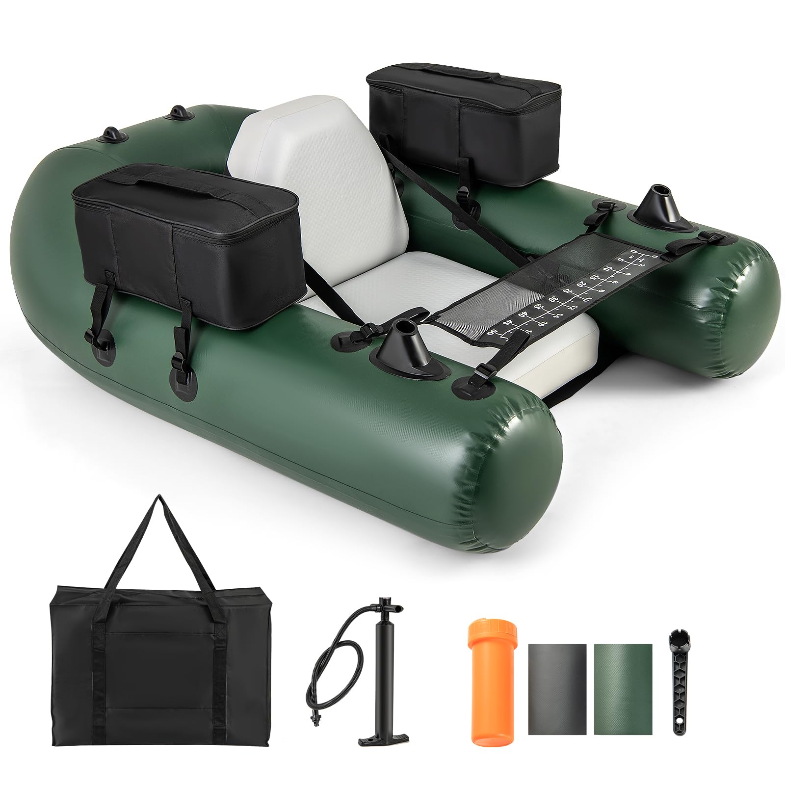 2025 Inflatable Float Tube, Fishing Belly Boat with Fish Ruler, 2 Detachable Storage Bags, Pump, Carry Bag