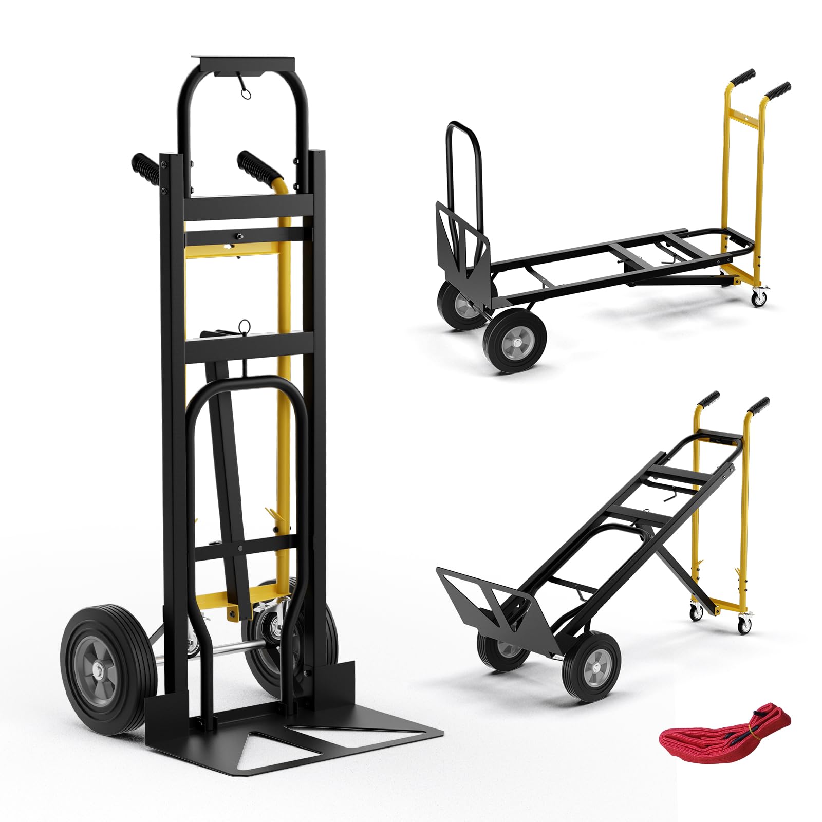 Hand Truck, 3-in-1 Convertible Metal Dolly Cart with 4 Rubber Wheels, 1000 lbs Max Load Capacity