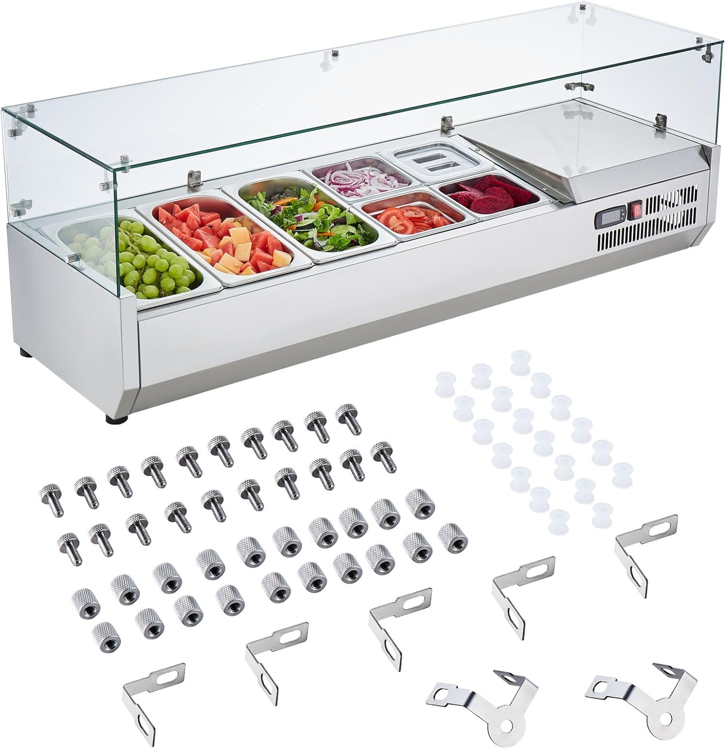 Refrigerated Condiment Prep Station, 135 W Countertop Refrigerated Condiment Station, with 2 1/3 Pans & 4 1/6 Pans, 304 Stainless Body and PC Lid, Sandwich Prep Table with Stainless Guard, ETL