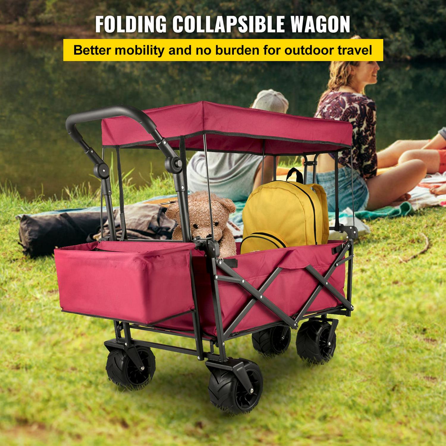 2025 Red Collapsible Wagon Cart with Canopy, 360° Wheels, Adjustable Handles, 220 lbs Capacity for Beach & Garden