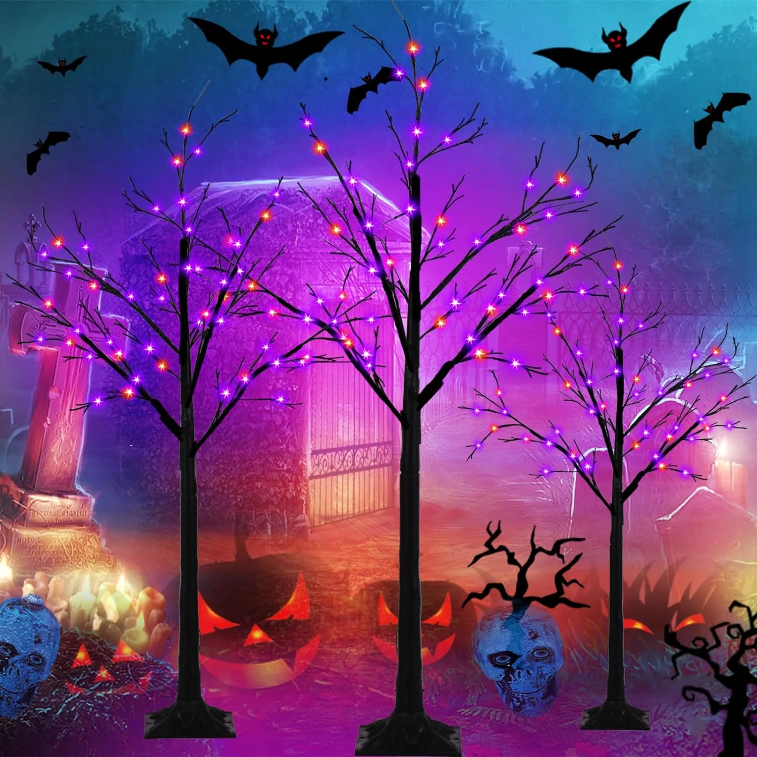 2025 Set of 3 Glowing Black Halloween Trees with 96 LED Lights