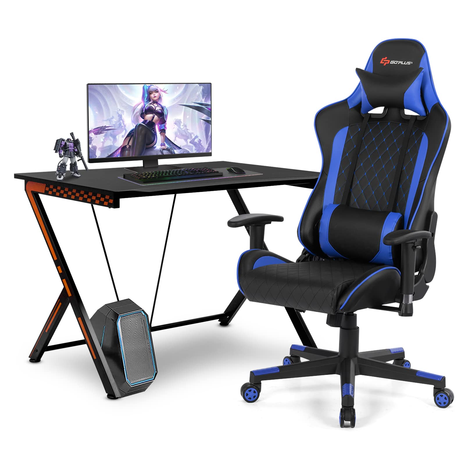 2025 Gaming Desk & Chair Combo Set, Racing Style Home Office Gamer Workstation w/Massage Lumbar Support & Headrest