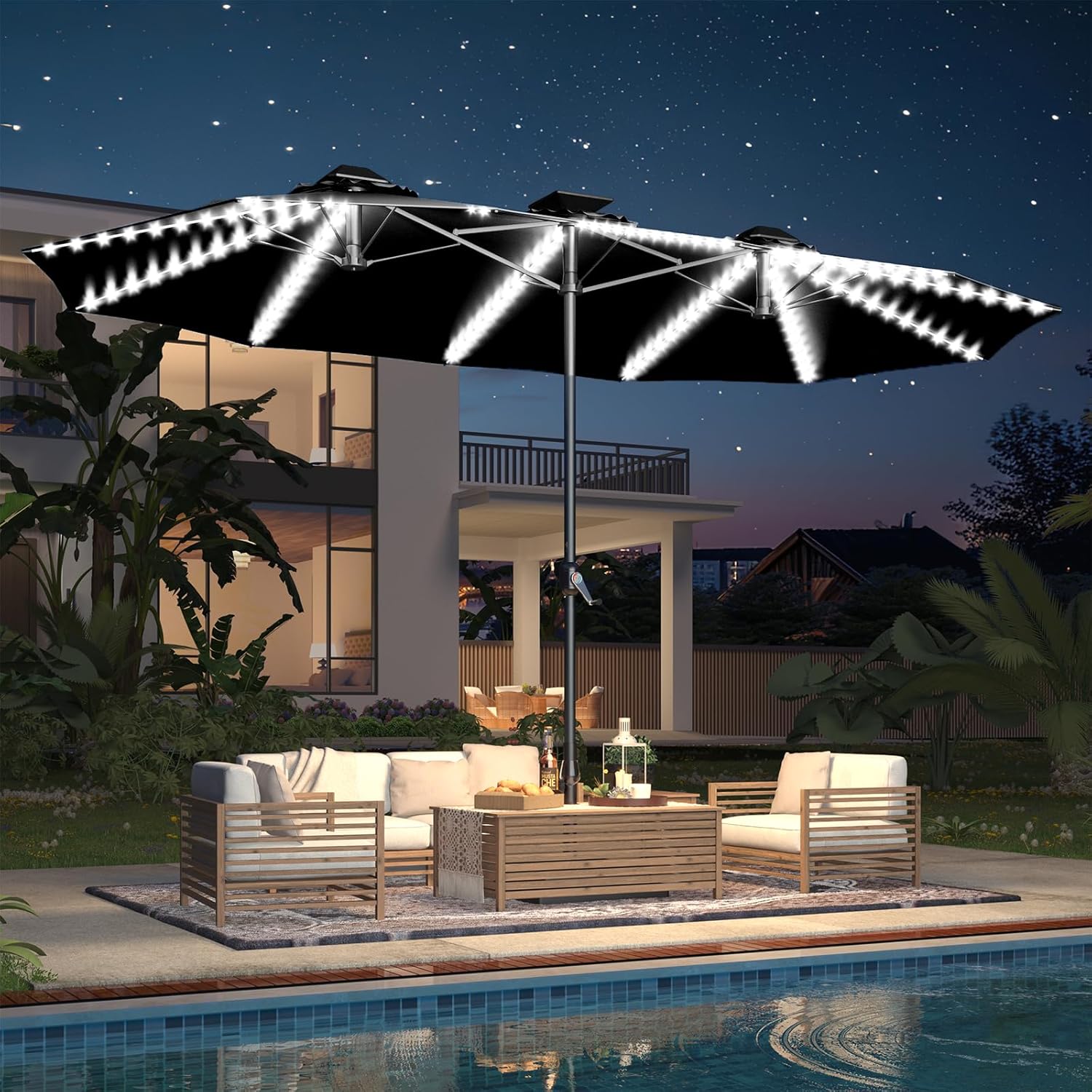 15ft Patio Umbrella with Solar Lights, Large Double Umbrella Outdoor, Rectangle 180''x106'' Umbrellas with 156 PCS LED Lights and Crank Handle for Backyard Deck Pool Shade in Black(1.9
