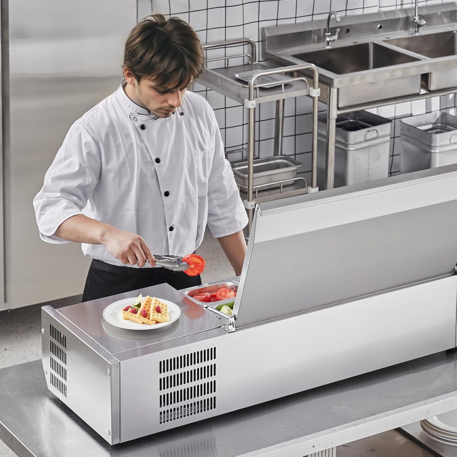 Refrigerated Condiment Prep Station, 135 W Countertop Refrigerated Condiment Station, with 2 1/3 Pans & 4 1/6 Pans, 304 Stainless Body and PC Lid, Sandwich Prep Table with Stainless Guard, ETL