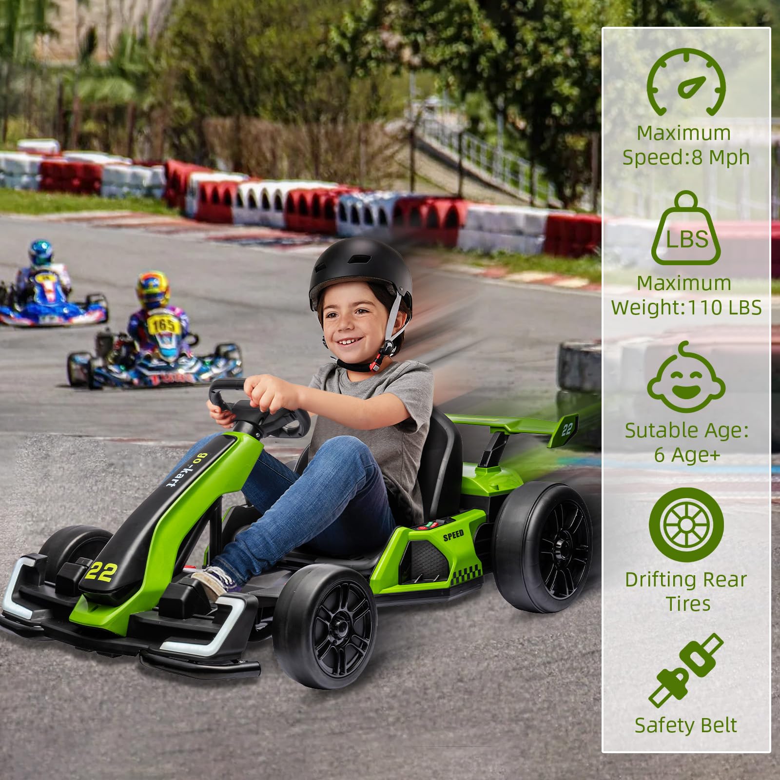 24V Electric Go Kart, with 300W Strong Motor, Drift/Sport Mode, Big Battery, Eva Tire,Length Adjustmen for Outdoor Racing Toy-Green