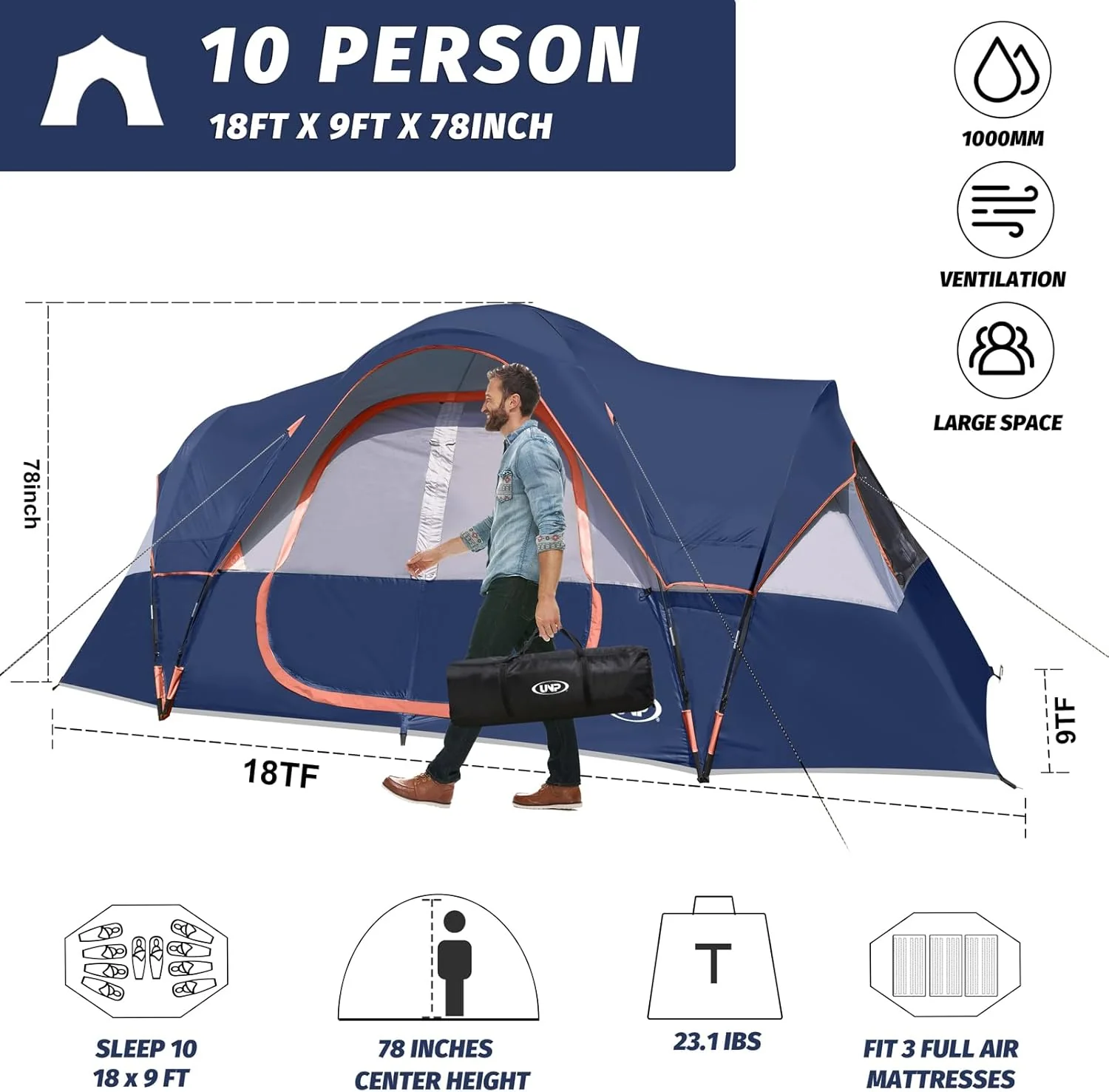 Camping Tent 10-Person-Family Tents, Parties, Music Festival Tent, Big, Easy Up, 5 Large Mesh Windows, Double Layer, 2 Room, Waterproof, Weather Resistant, 18ft x 9ft x78in