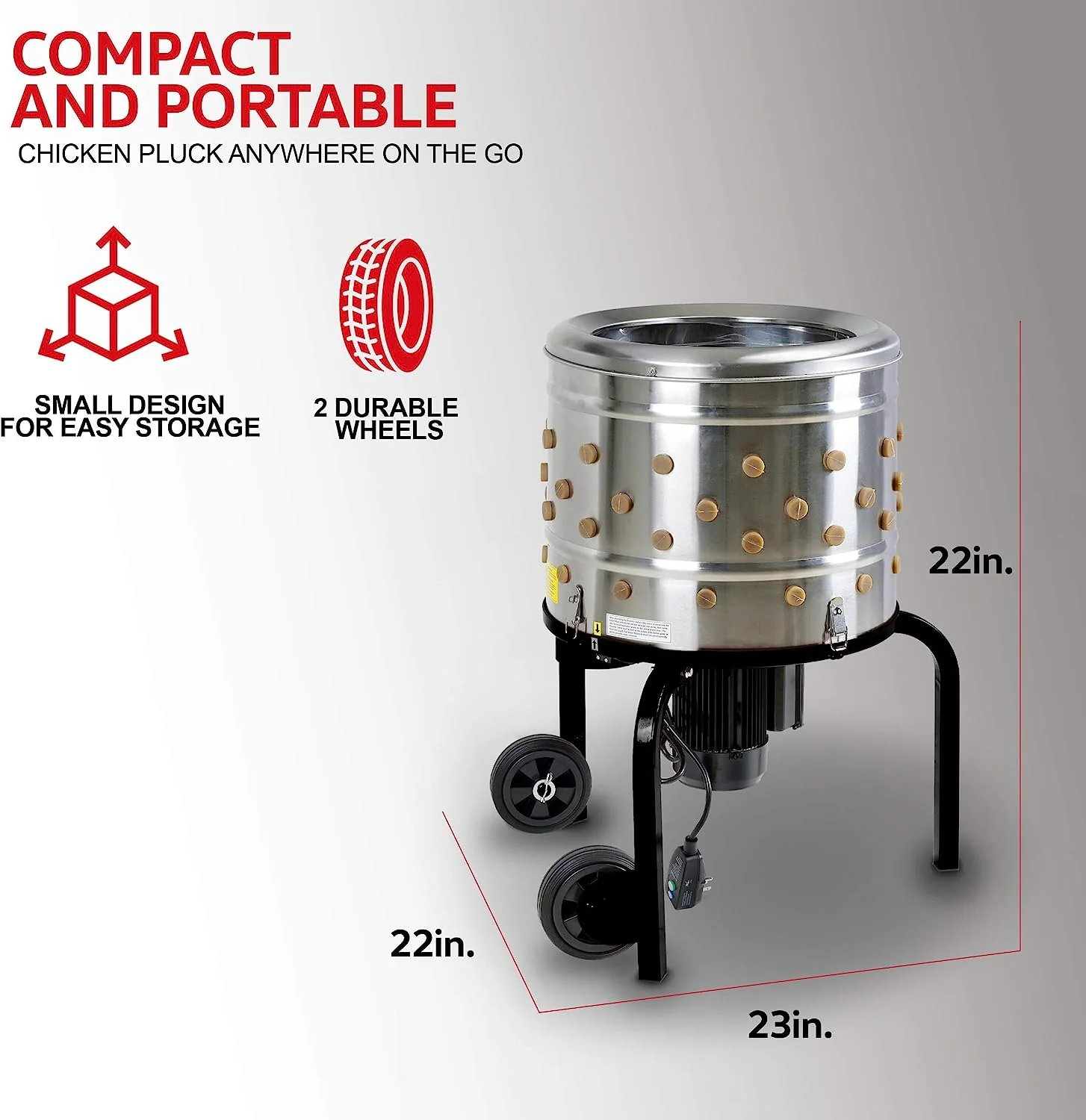 2025 Kitchener Chicken Plucker De-Feather Remover Poultry and Fowl Food Processor Electric Stainless Steel Heavy Duty 1HP 120VAC 280RPM GFCI Connector 92 Soft Fingers 20