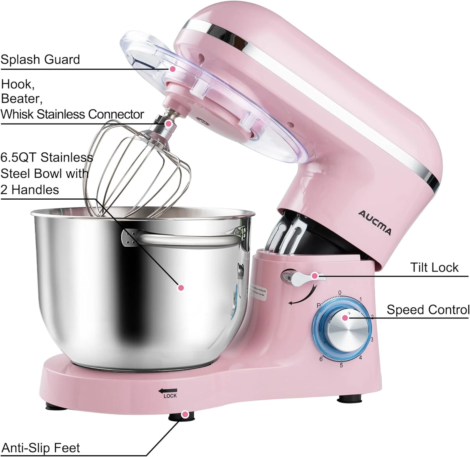Aucma Stand Mixer,6.5-QT 660W 6-Speed Tilt-Head Food Mixer, Kitchen Electric Mixer with Dough Hook