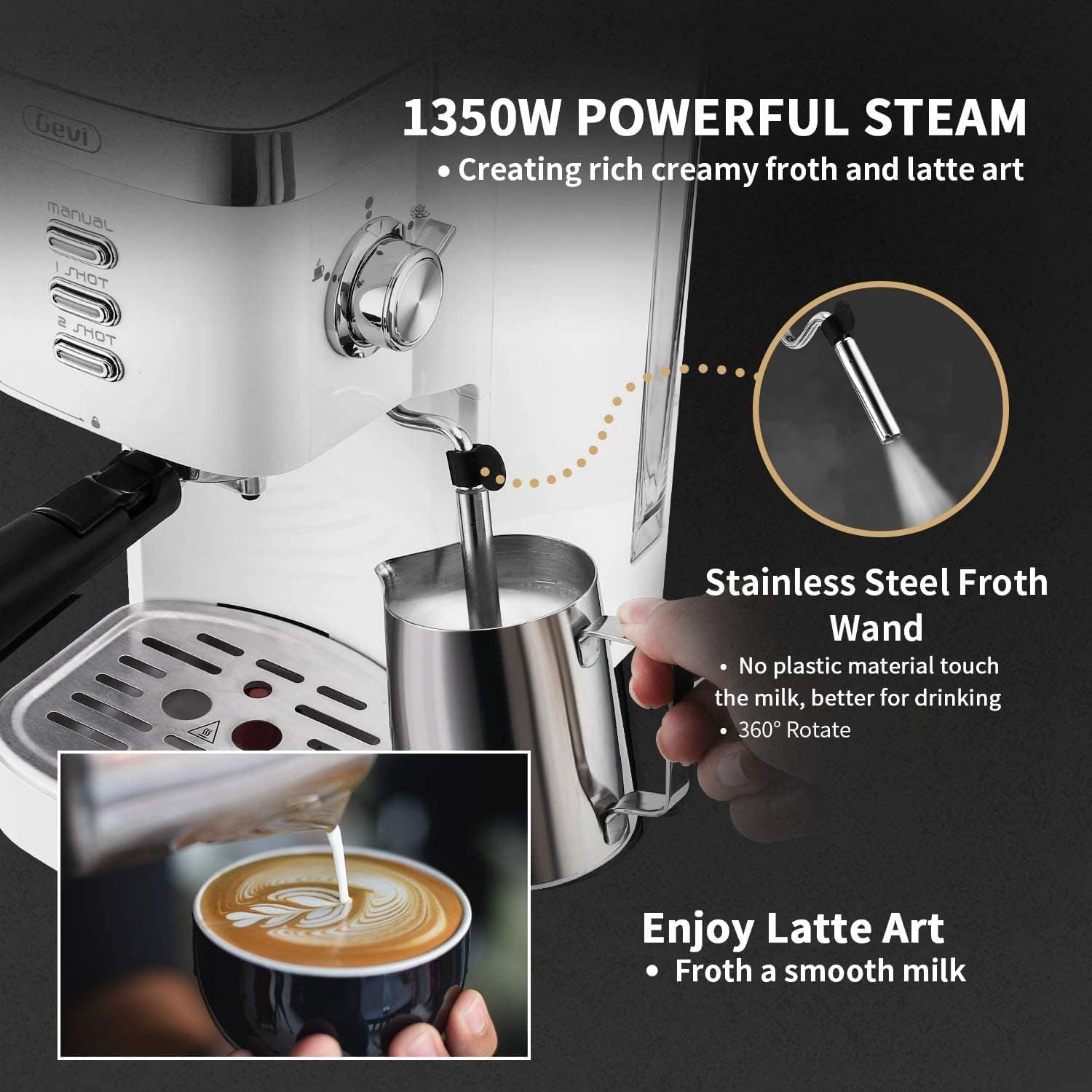 Espresso machine with milk frother, 1.2L water tank, 1350W