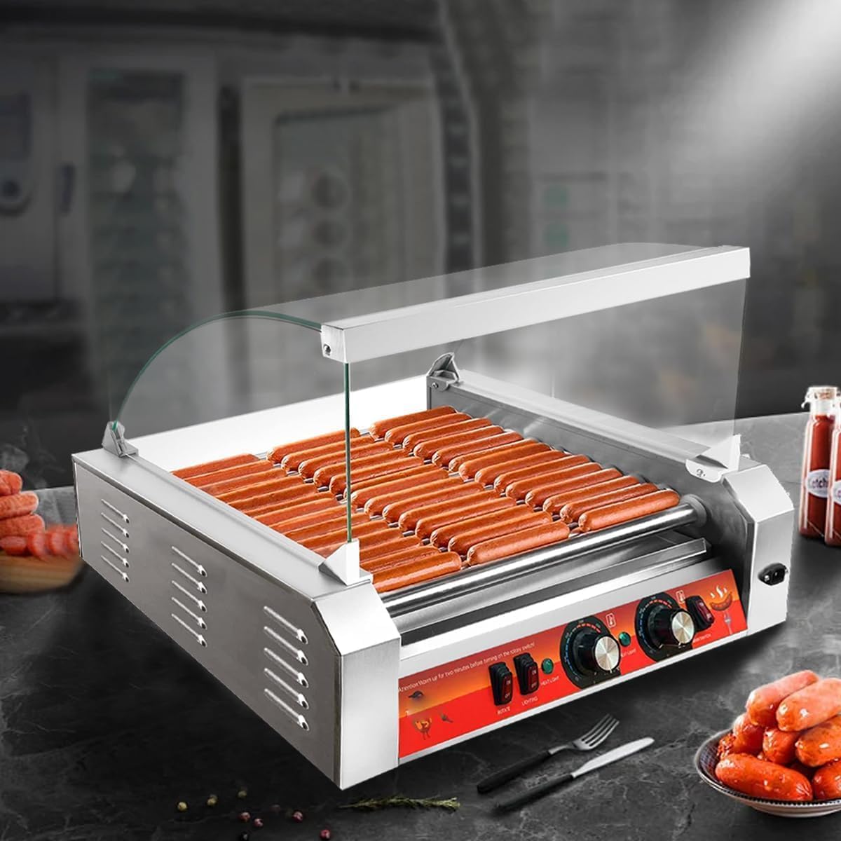 1670W Commercial Hot Dog Rollers,11 Rollers 30 Hotdog Roller Grill,Stainless Steel Hot Dog Machine With Dust Cover,Hot Dog Roller Machine With Dual Temp Control And Led Light/Detachable Drip Tray